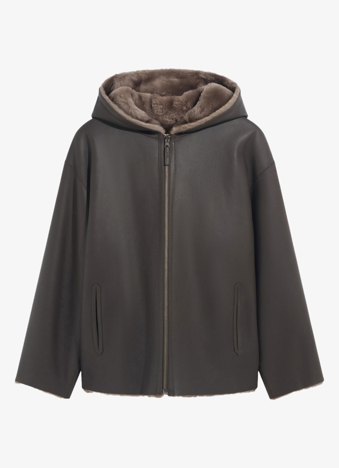 Gerard Darel Fani lammy coat van leer met capuchon - voorkant 4 lichtbruin