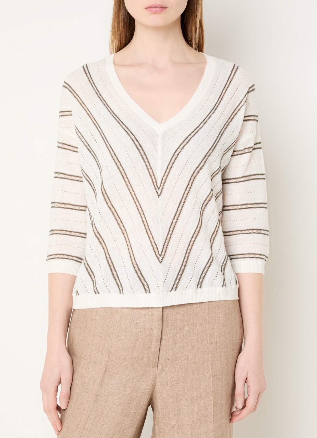 Gerard Darel Fijngebreide pullover in linnenblend met streepprint - detail 4 khaki