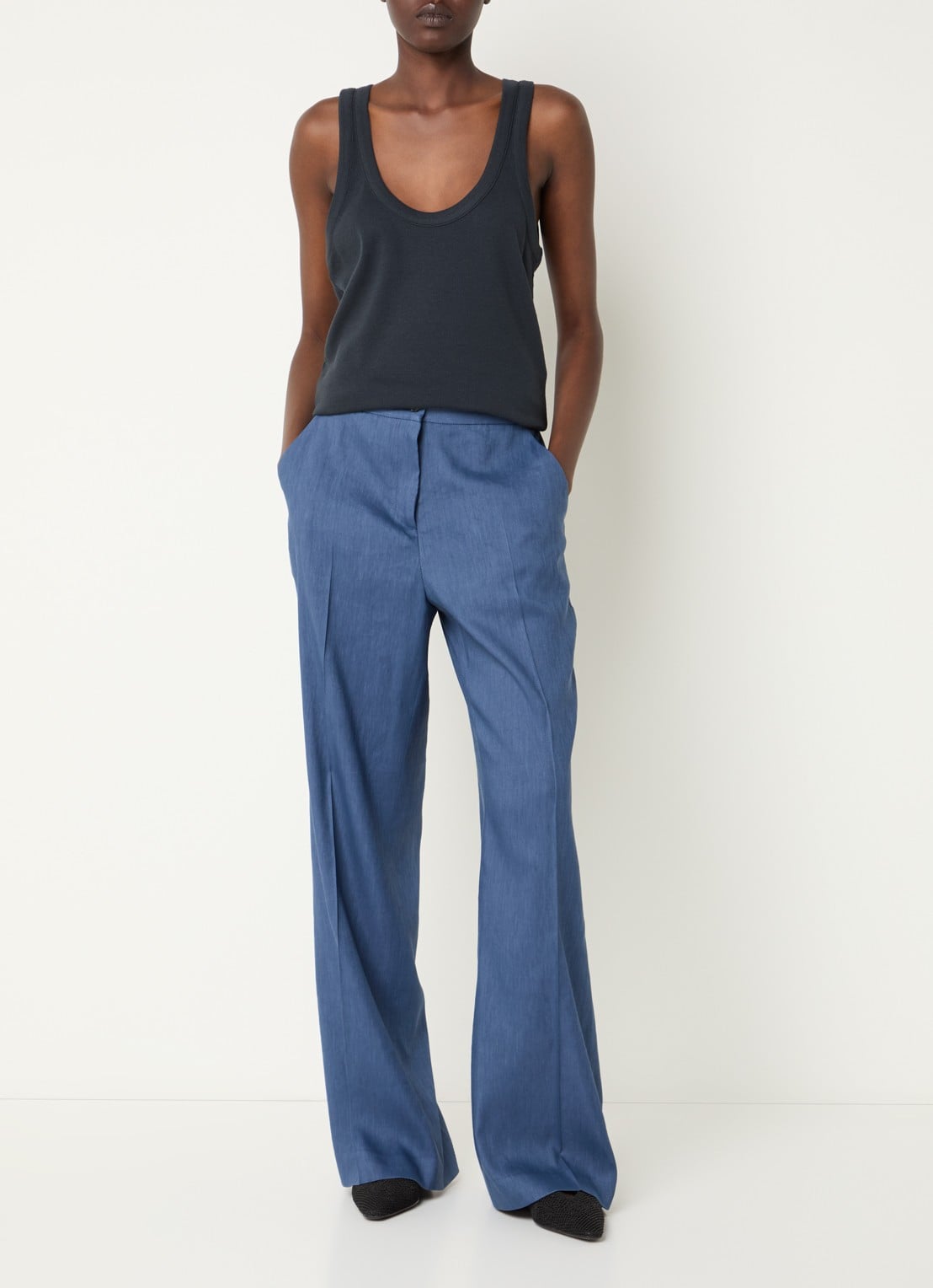 Gerard Darel High waist loose fit pantalon in linnenblend met steekzakken - voorkant 4 staalblauw
