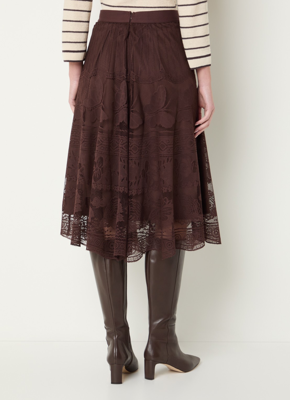 Gerard Darel Jany midi rok met bloemenprint van kant - achterkant 2 donkerbruin