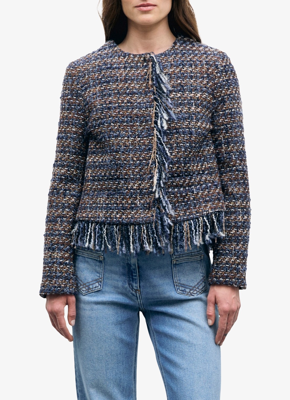 Gerard Darel Joya jack in wolblend met tweed-look en franjes - detail indigo