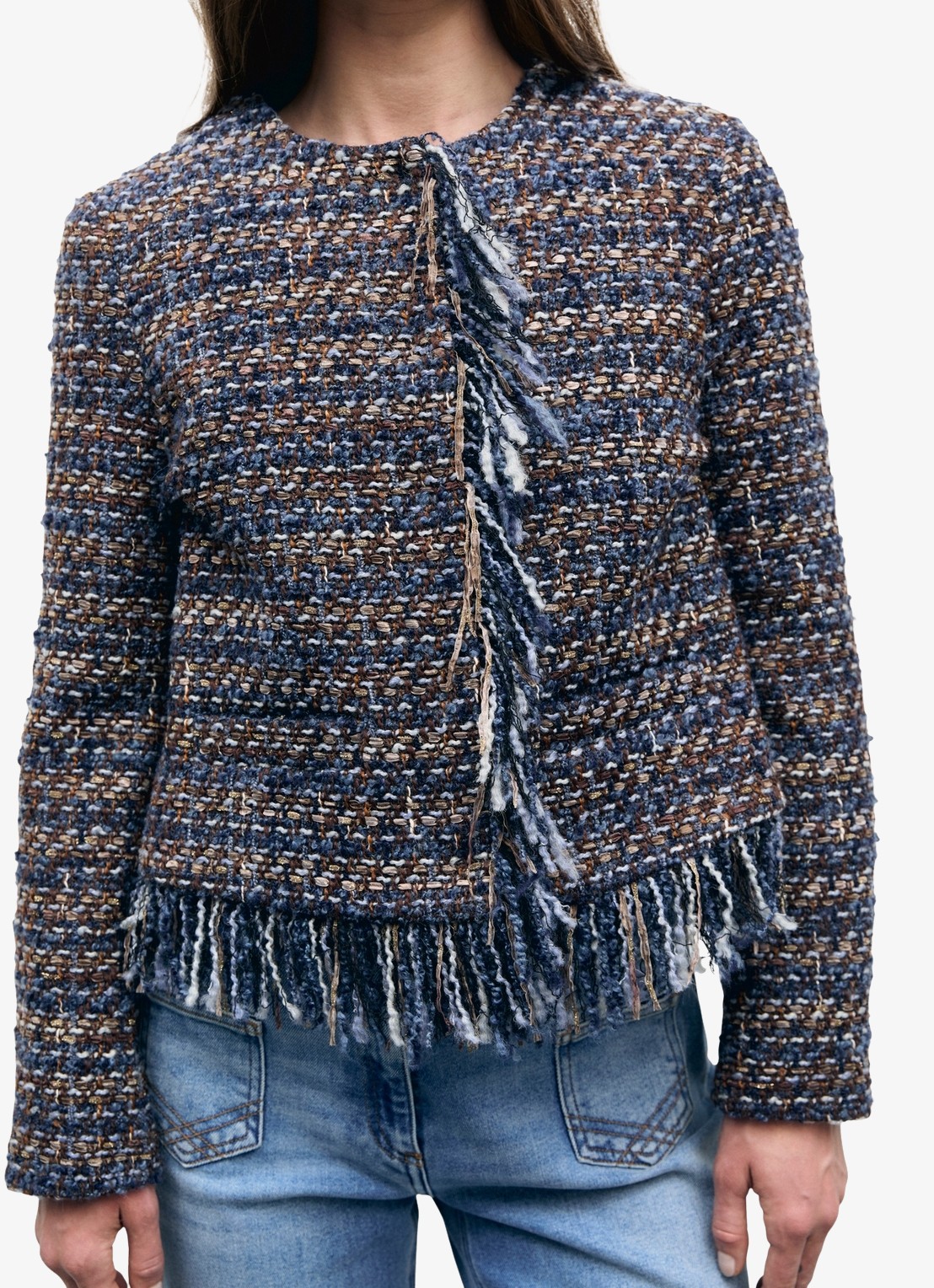 Gerard Darel Joya jack in wolblend met tweed-look en franjes - detail 2 indigo