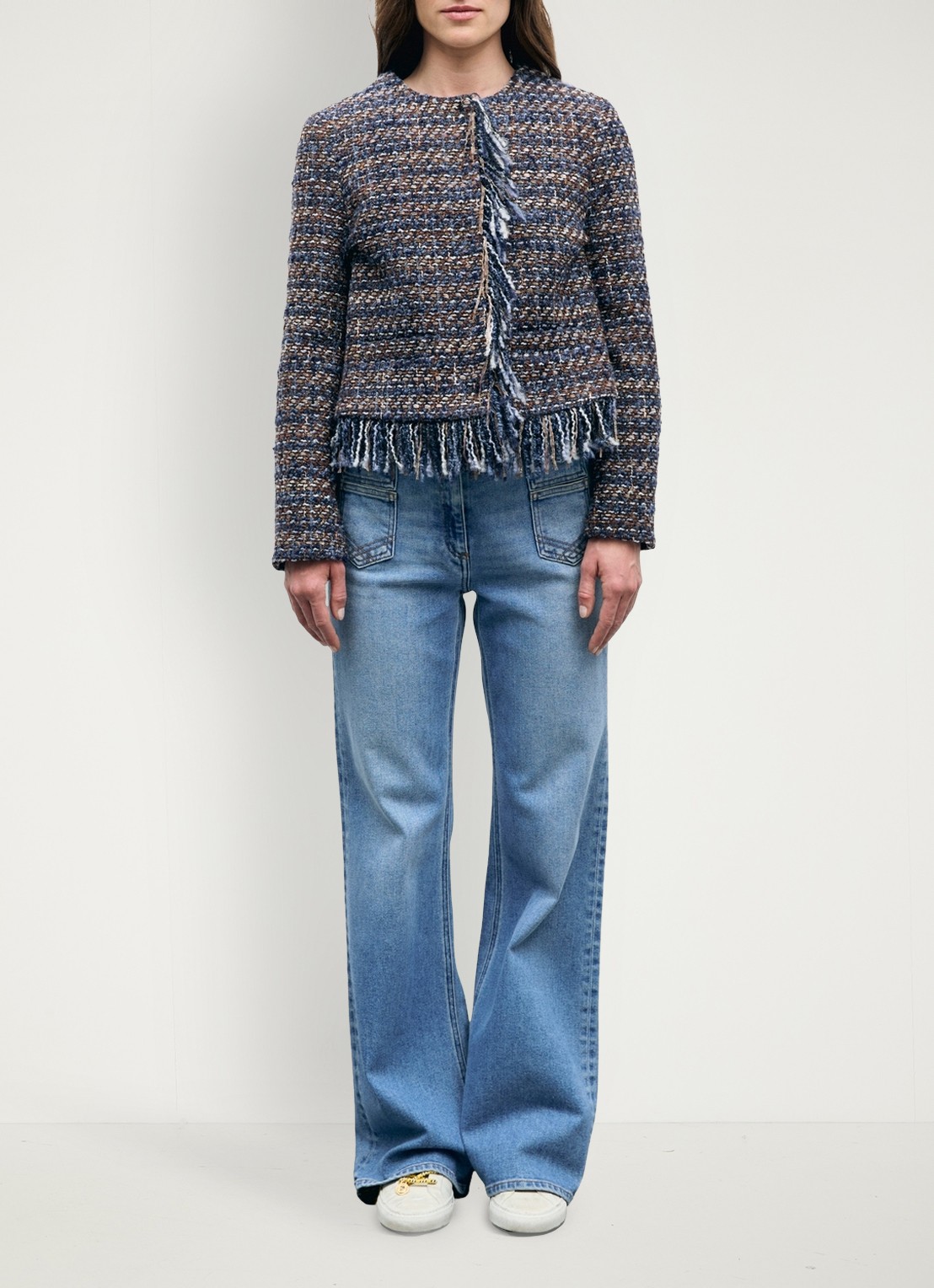 Gerard Darel Joya jack in wolblend met tweed-look en franjes - voorkant 5 indigo