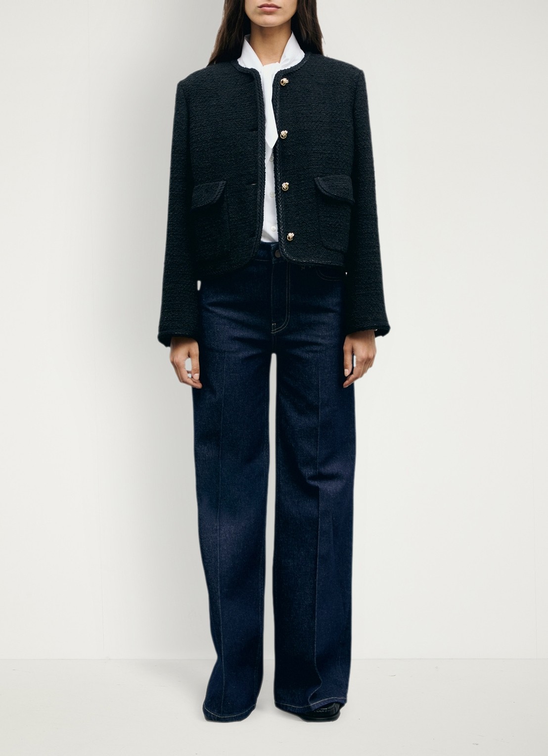 Gerard Darel Judye cropped blazer in wolblend met tweed-look  - voorkant 6 zwart