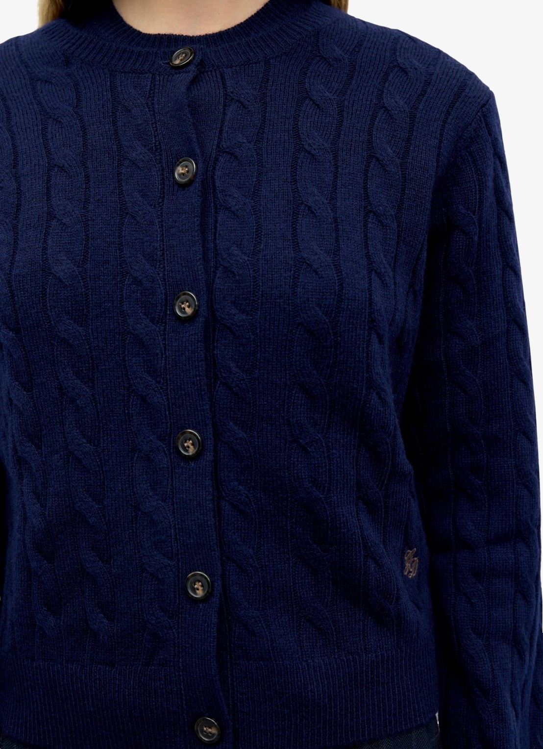 Gerard Darel Kabelgebreide trui met ronde hals - detail donkerblauw