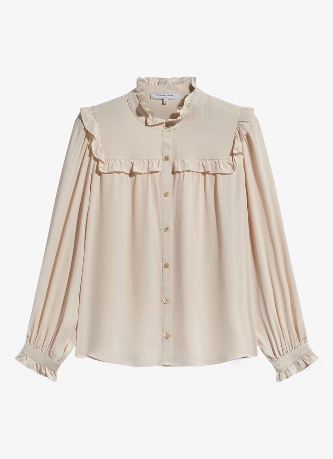 Gerard Darel Leia blouse in zijdeblend met ruches - voorkant beige