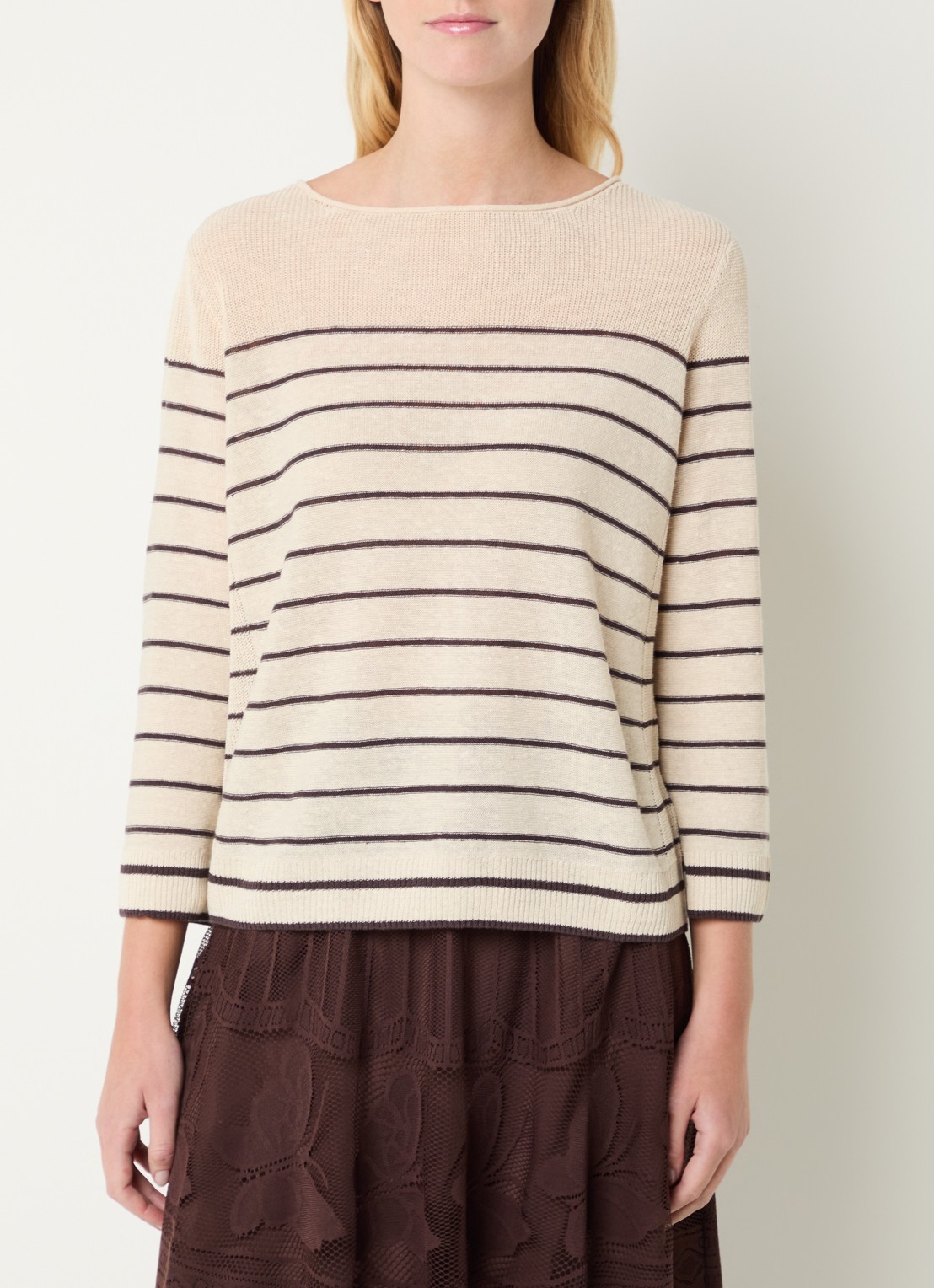 Gerard Darel Levia fijgebreide pullover in linnenblend met streepprint - detail beige