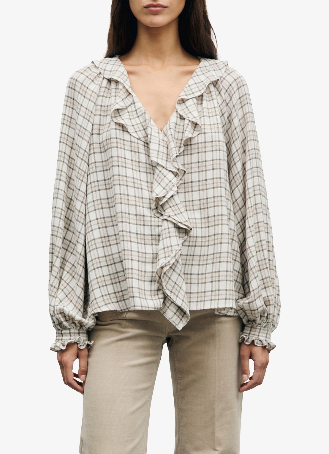 Gerard Darel Lisel tuniek in wolblend met ruitdessin en ruches - detail 3 beige