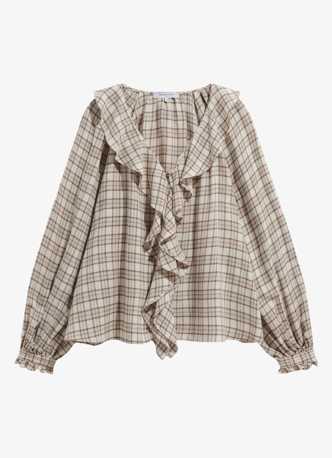 Gerard Darel Lisel tuniek in wolblend met ruitdessin en ruches - voorkant beige