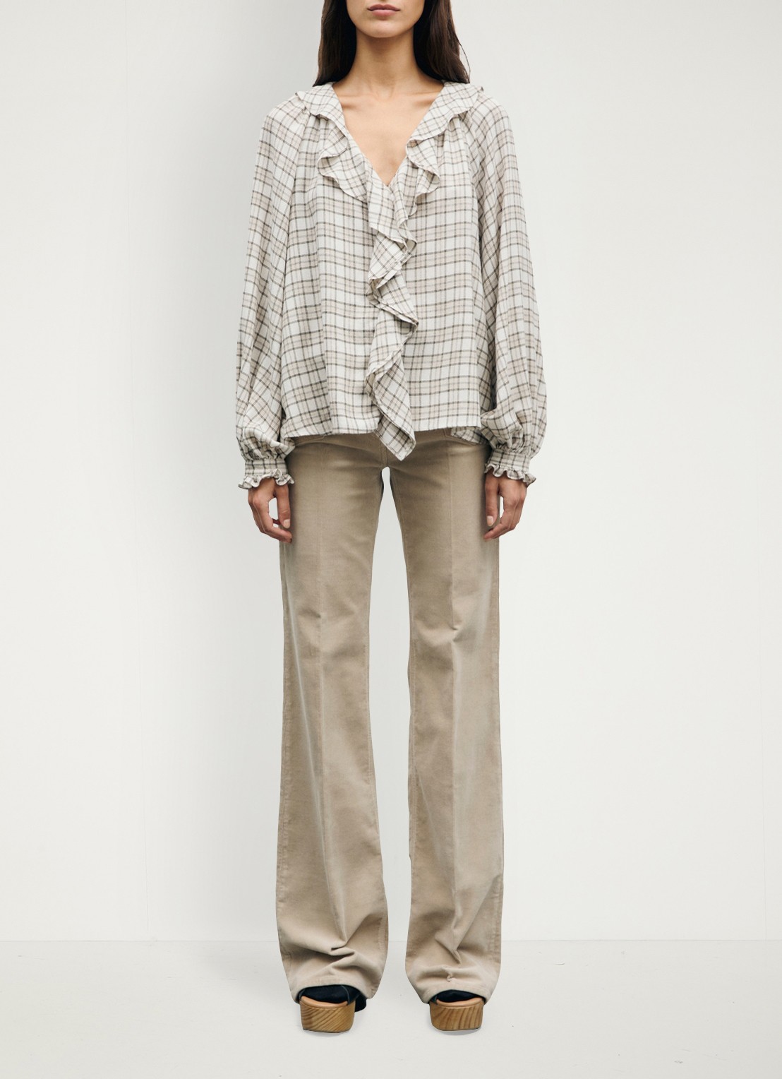 Gerard Darel Lisel tuniek in wolblend met ruitdessin en ruches - voorkant 2 beige