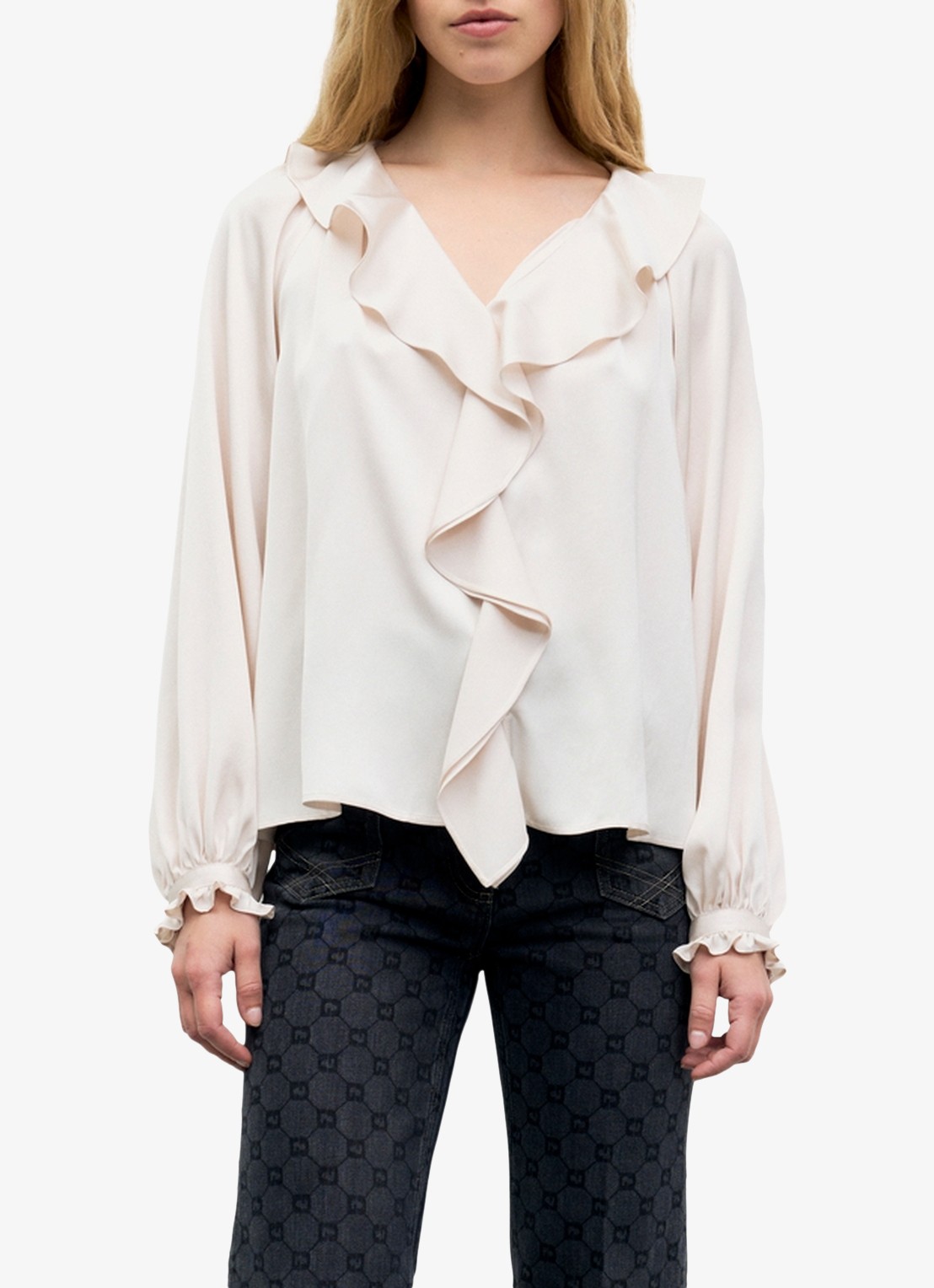 Gerard Darel Lori tuniek van satijn met ruches - detail gebroken wit