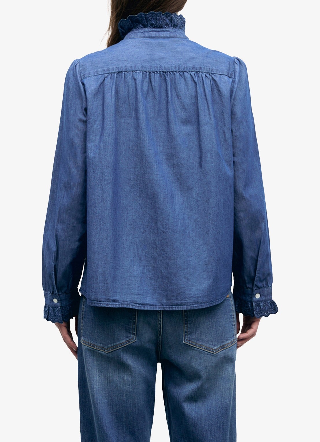 Gerard Darel Loupy blouse van denim met ruches - achterkant 4 donkerblauw