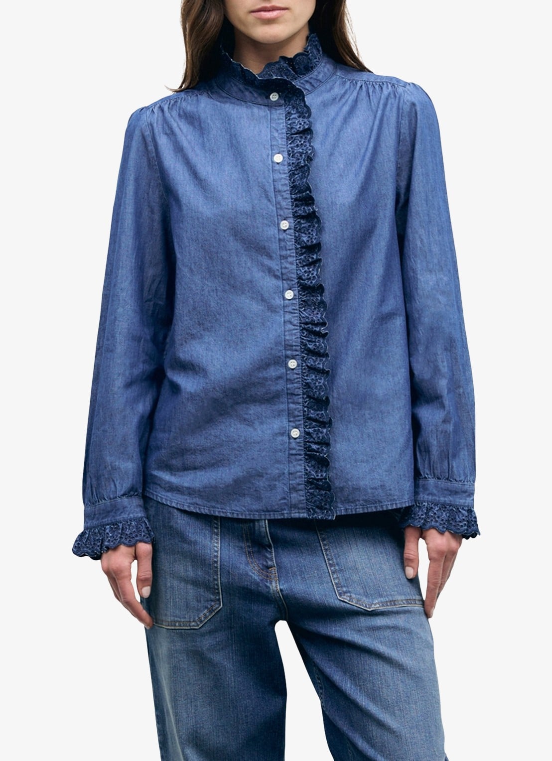 Gerard Darel Loupy blouse van denim met ruches - detail donkerblauw