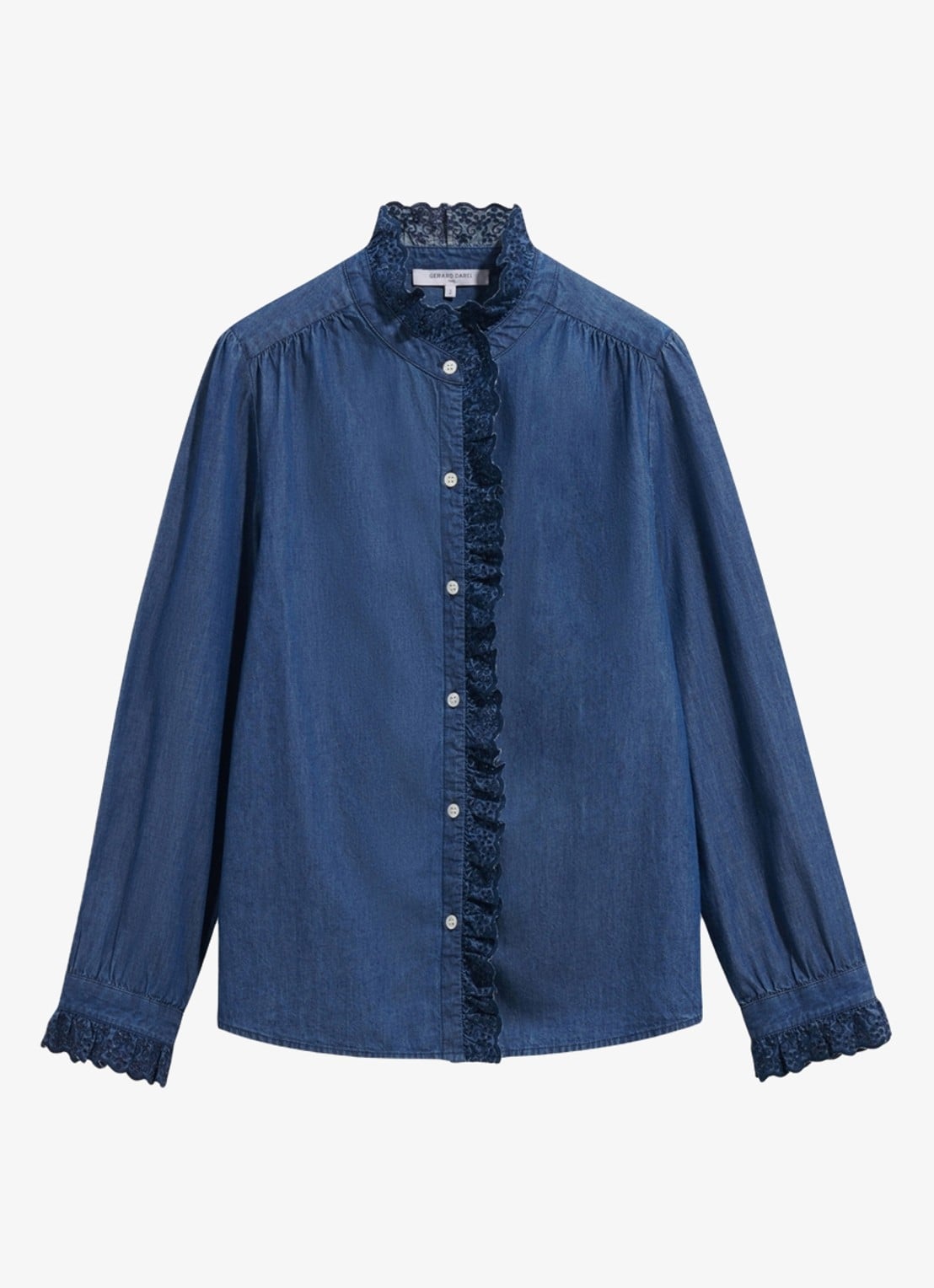 Gerard Darel Loupy blouse van denim met ruches - voorkant 2 donkerblauw