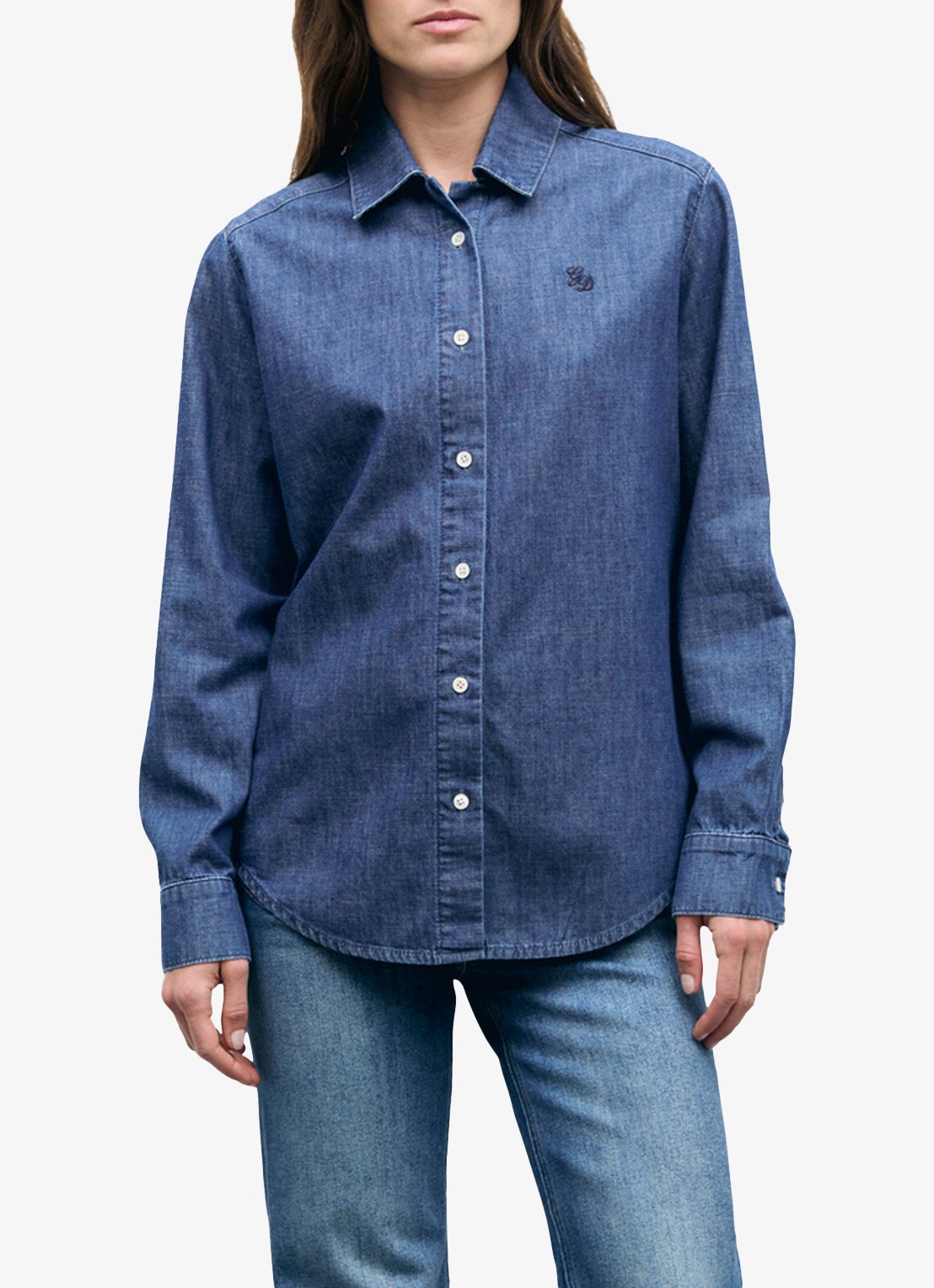 Gerard Darel Lucy blouse van denim met logoborduring - detail donkerblauw