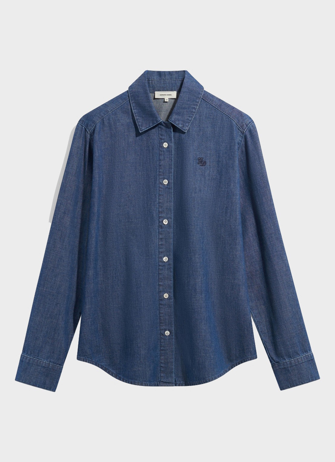 Gerard Darel Lucy blouse van denim met logoborduring - voorkant 2 donkerblauw