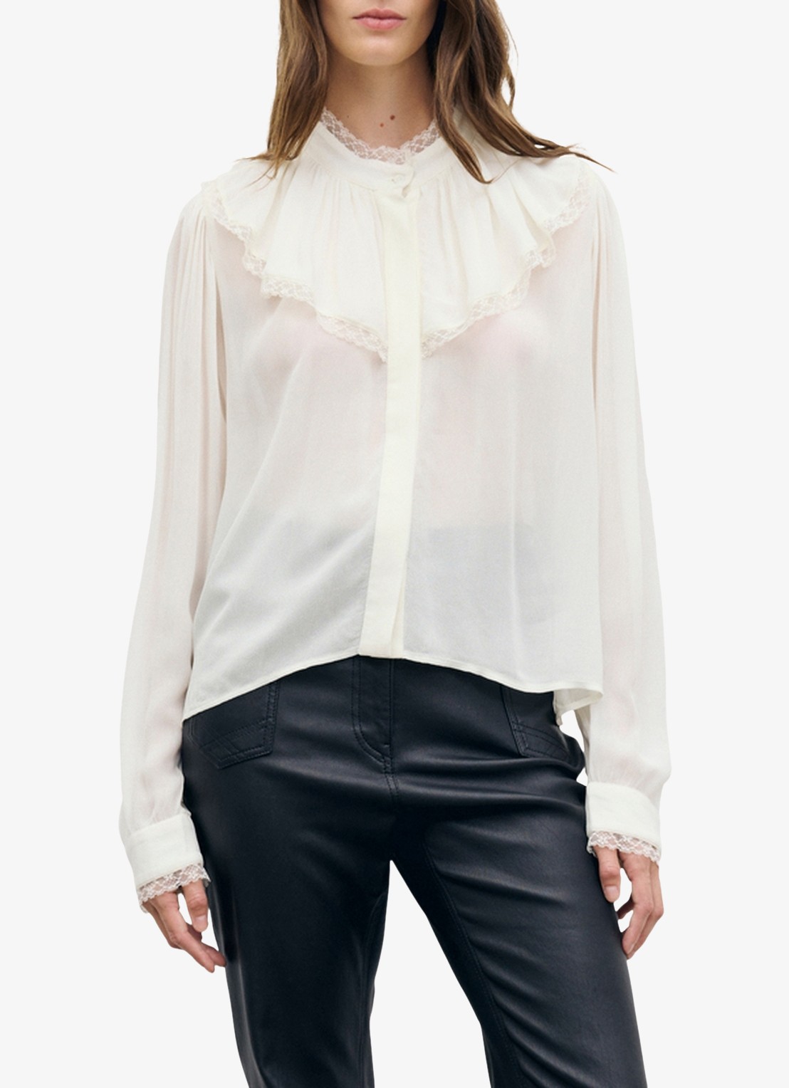 Gerard Darel Lumina blouse van crêpe met ruches en kant - detail creme