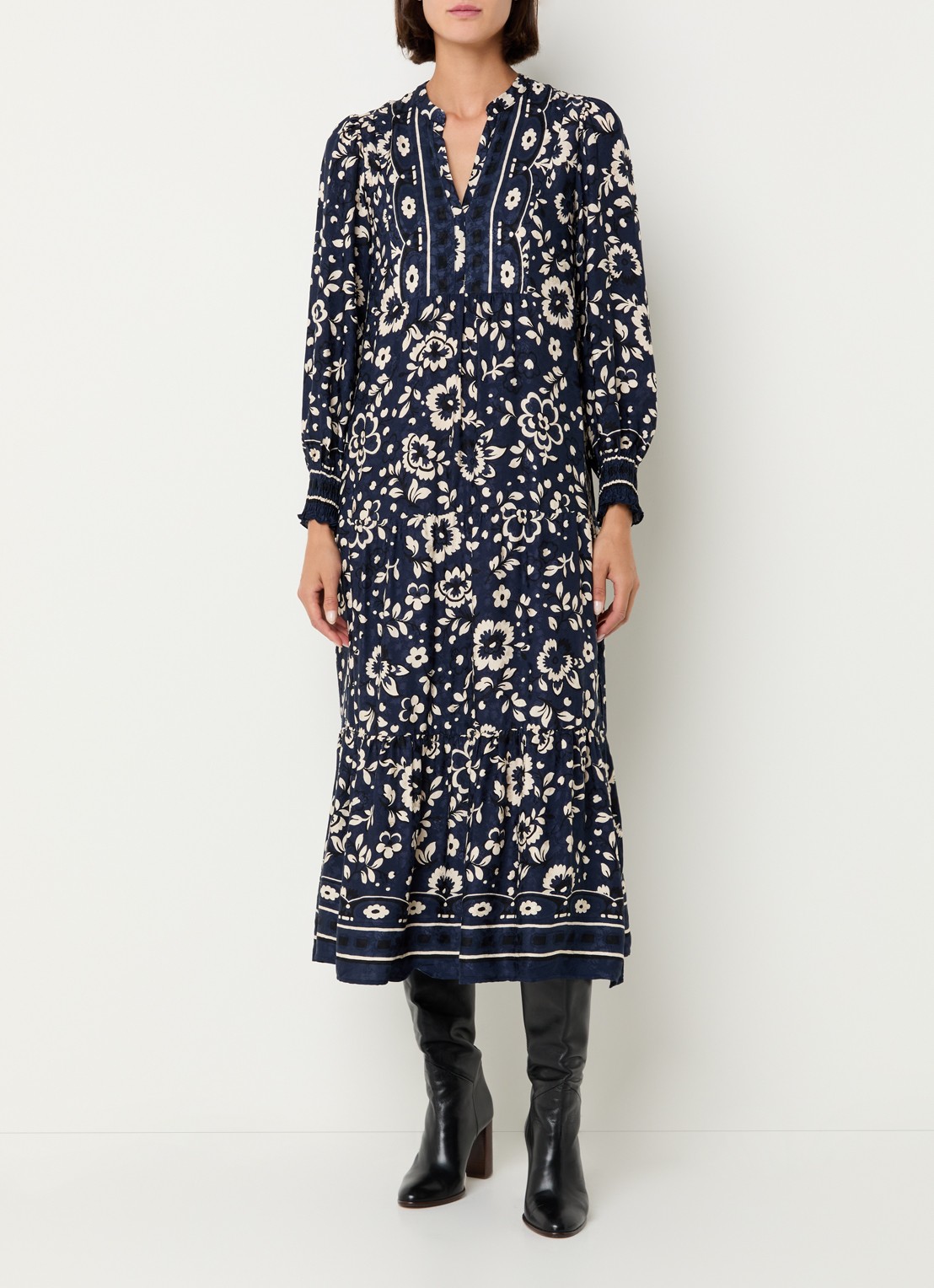 Gerard Darel Lydiane midi tuniekjurk met bloemenprint - detail 4 donkerblauw