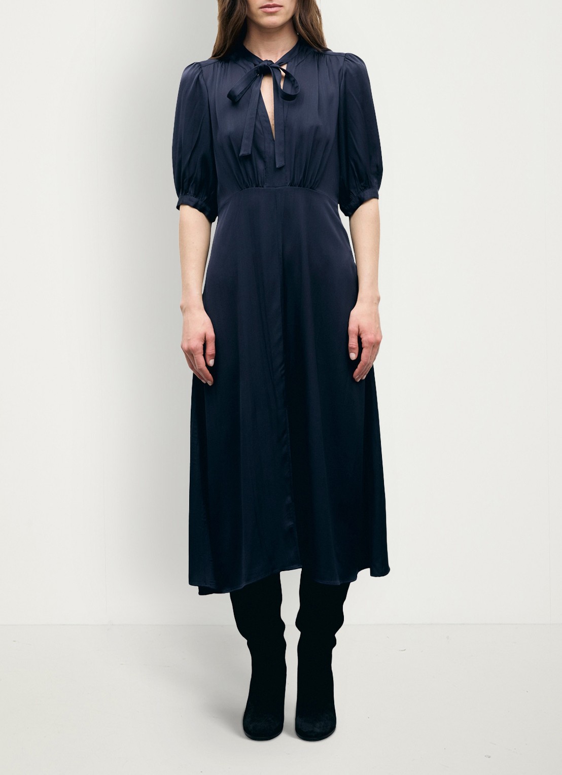 Gerard Darel Midi jurk met pofmouwen - voorkant 2 donkerblauw