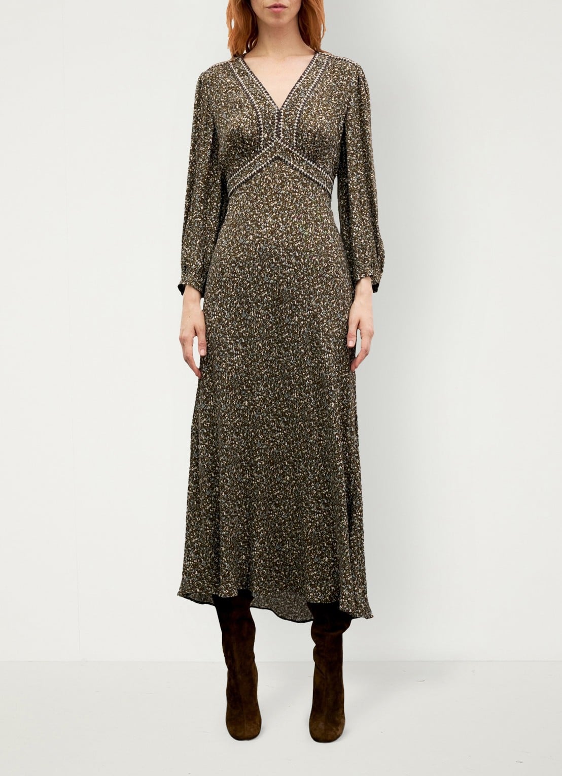 Gerard Darel Midi jurk met V-hals  - voorkant 2 mosgroen