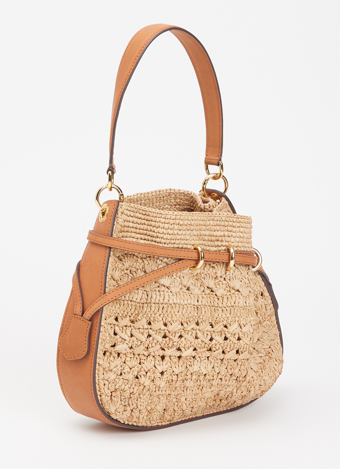 Gerard Darel Mini Romy handtas van raffia met leren details - achterkant 3 roestbruin