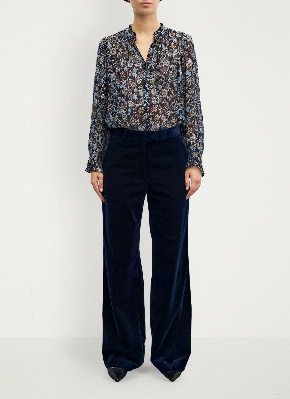 Gerard Darel Mya high waist wide leg pantalon van fluweel - voorkant 4 blauw
