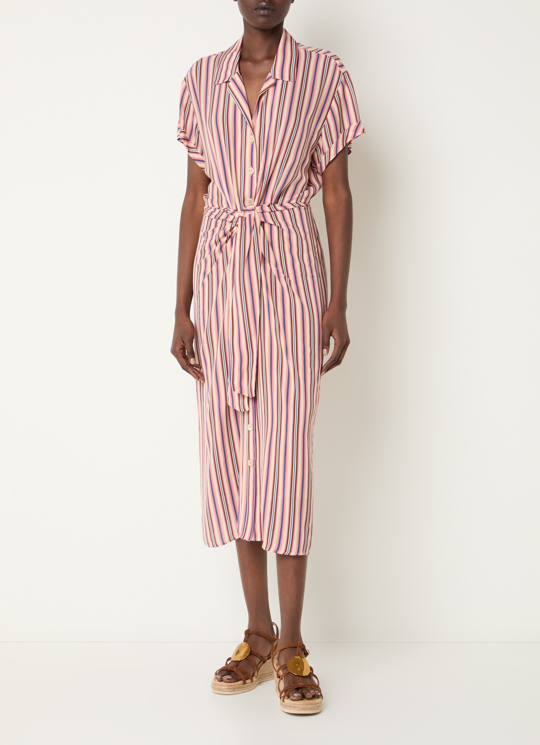 Gerard Darel Raena midi blousejurk met streepprint - detail vanillegeel