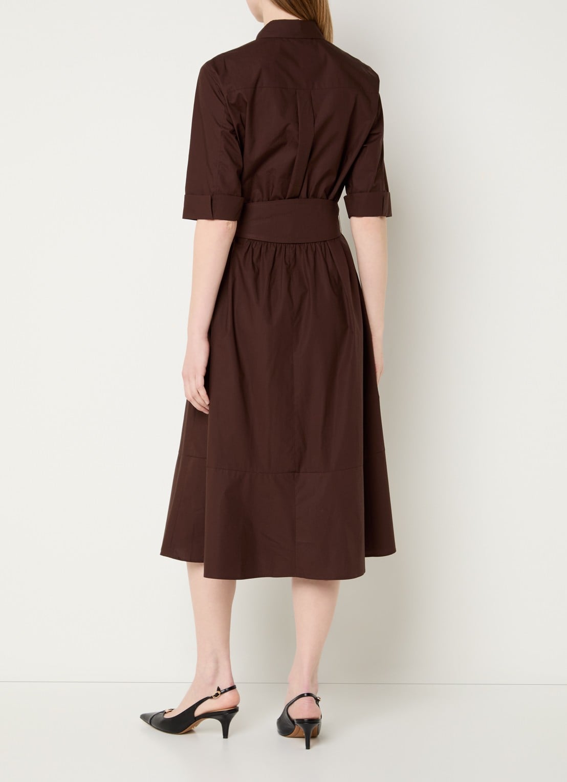 Gerard Darel Rana midi blousejurk met strikceintuur - achterkant 4 donkerbruin