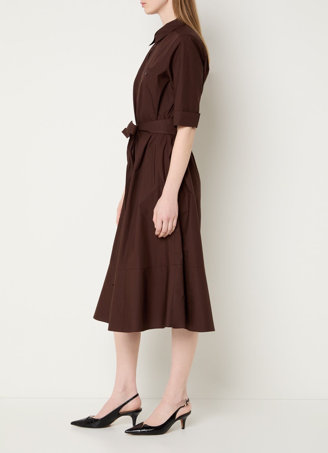 Gerard Darel Rana midi blousejurk met strikceintuur - voorkant 3 donkerbruin