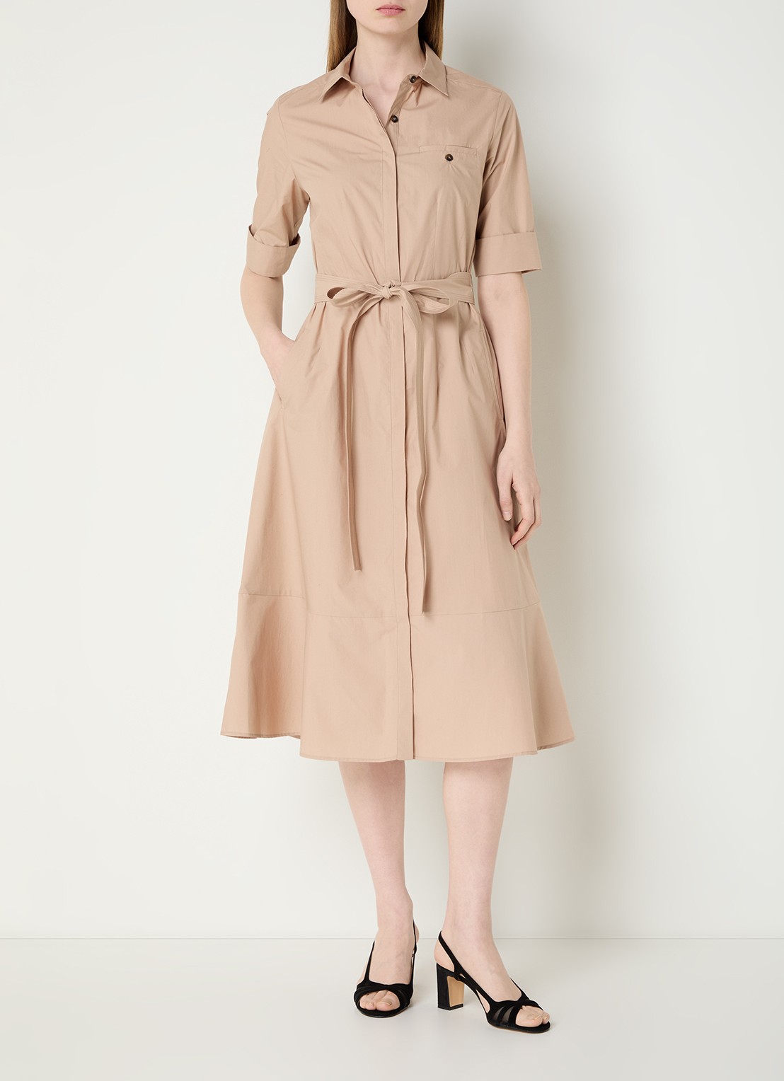 Gerard Darel Rana midi blousejurk met strikceintuur - detail zand