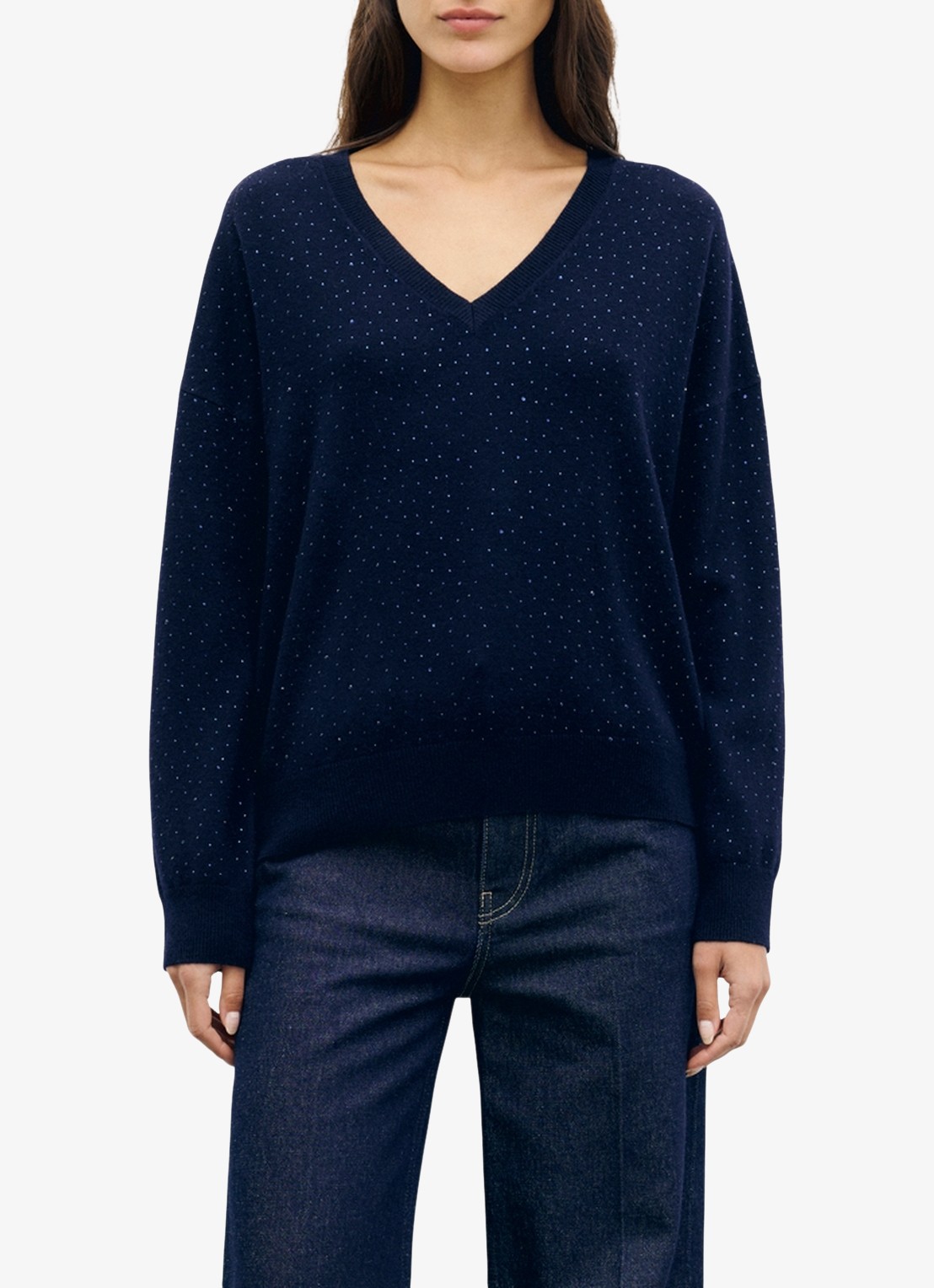 Gerard Darel Reda fijngebreide trui van wol met V-hals en strass - detail blauw