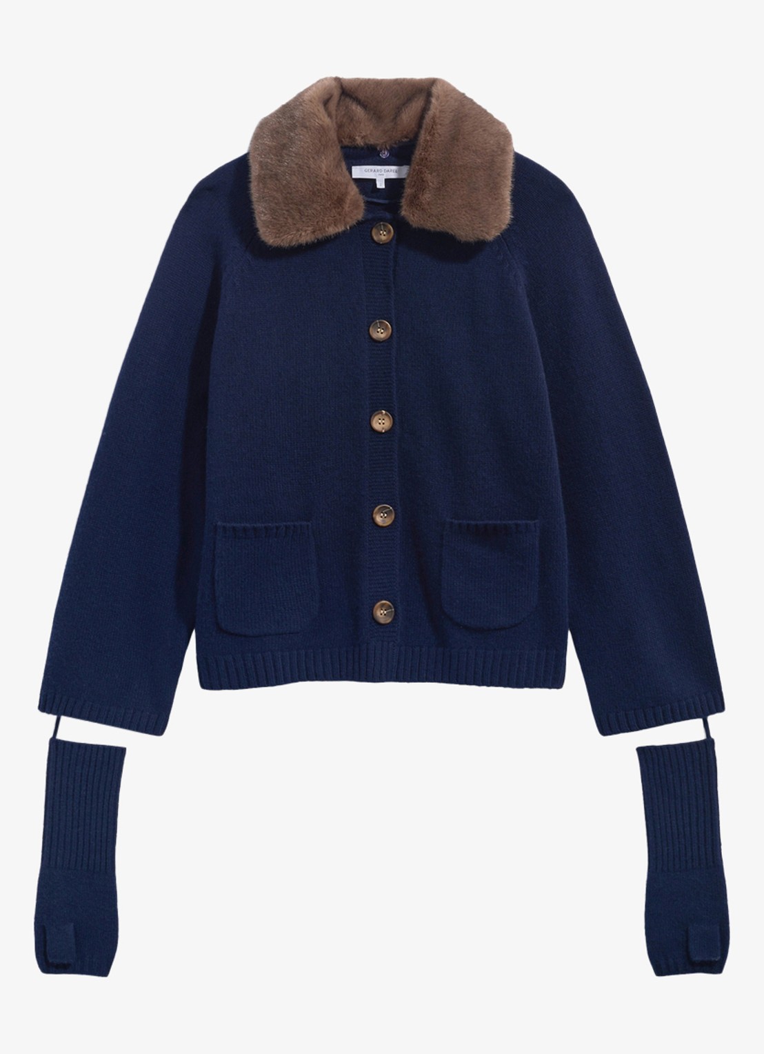 Gerard Darel Rhiza vest van kasjmier met kraag en vingerloze handschoenen - voorkant blauw