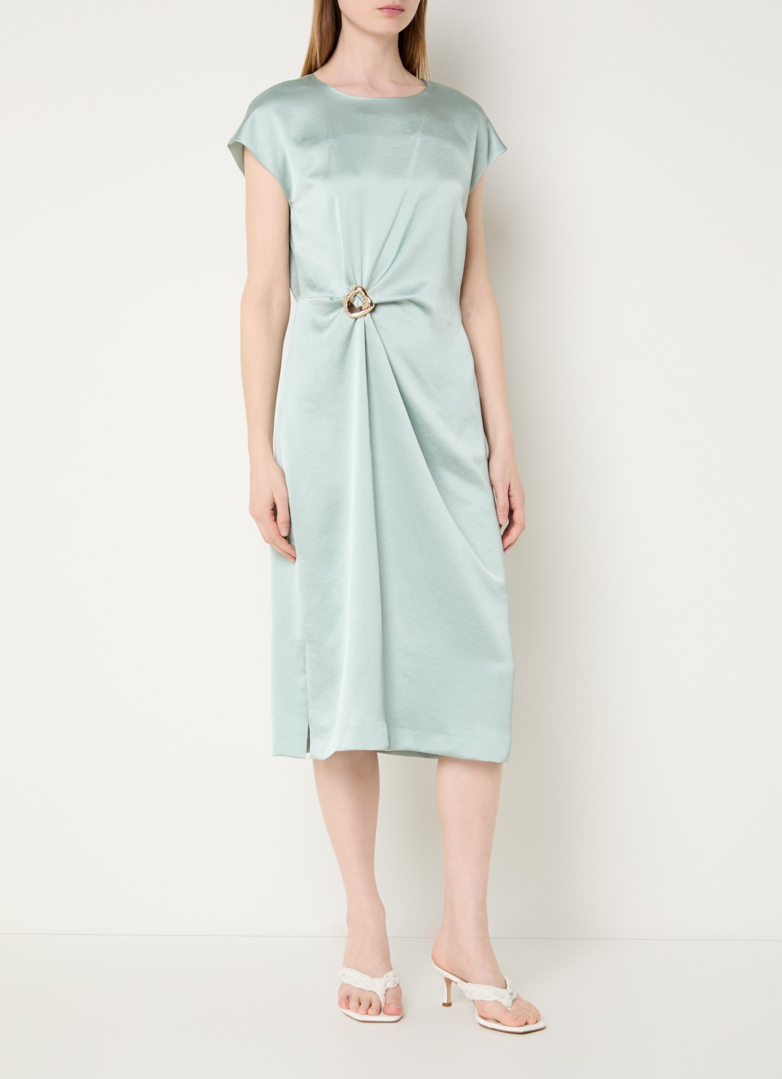 Gerard Darel Rialya midi jurk van satijn met ronde hals - detail 4 lindegroen
