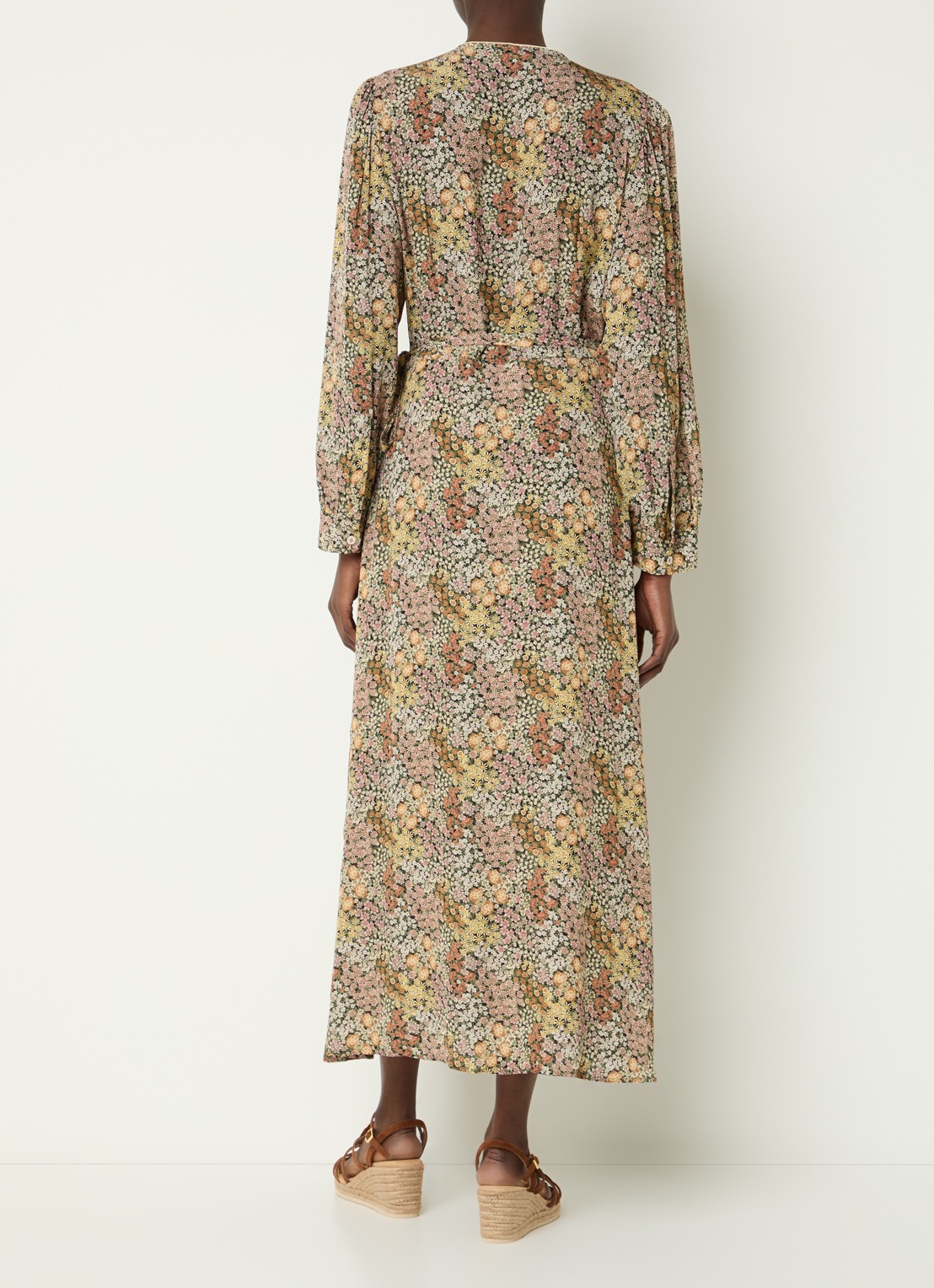 Gerard Darel Rimaya midi jurk met overslag en bloemenprint - achterkant 4 groen
