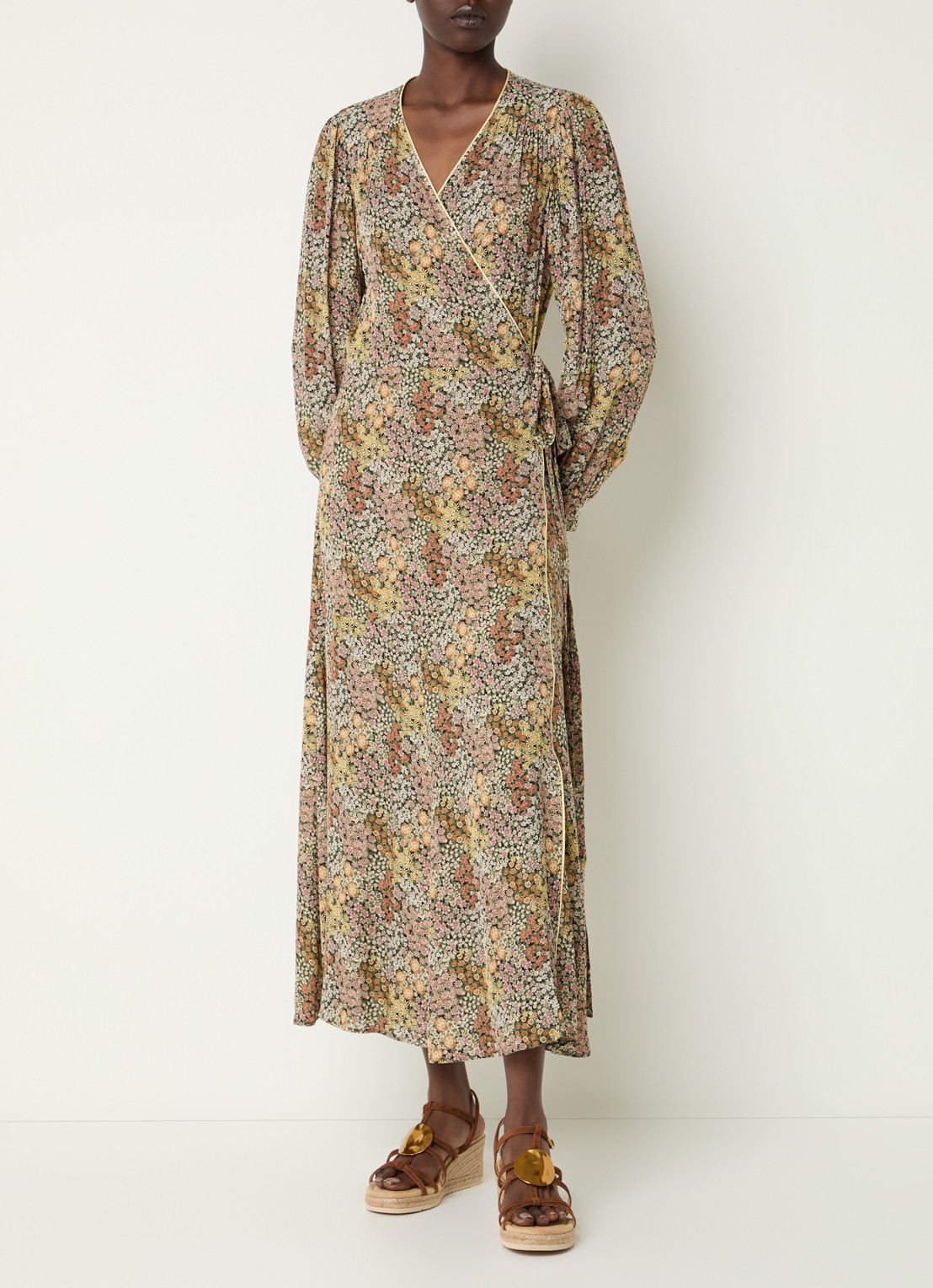 Gerard Darel Rimaya midi jurk met overslag en bloemenprint - detail 3 groen