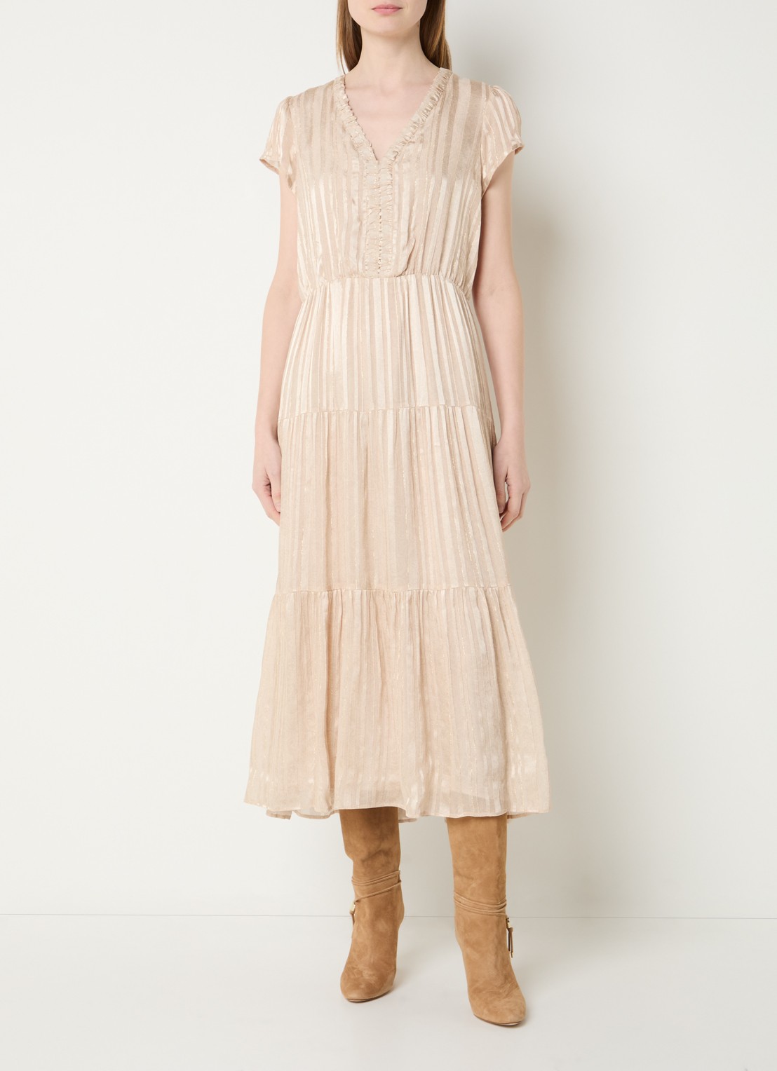 Gerard Darel Rionna midi A-lijn tuniekjurk met streepprint en lurex - detail 3 beige