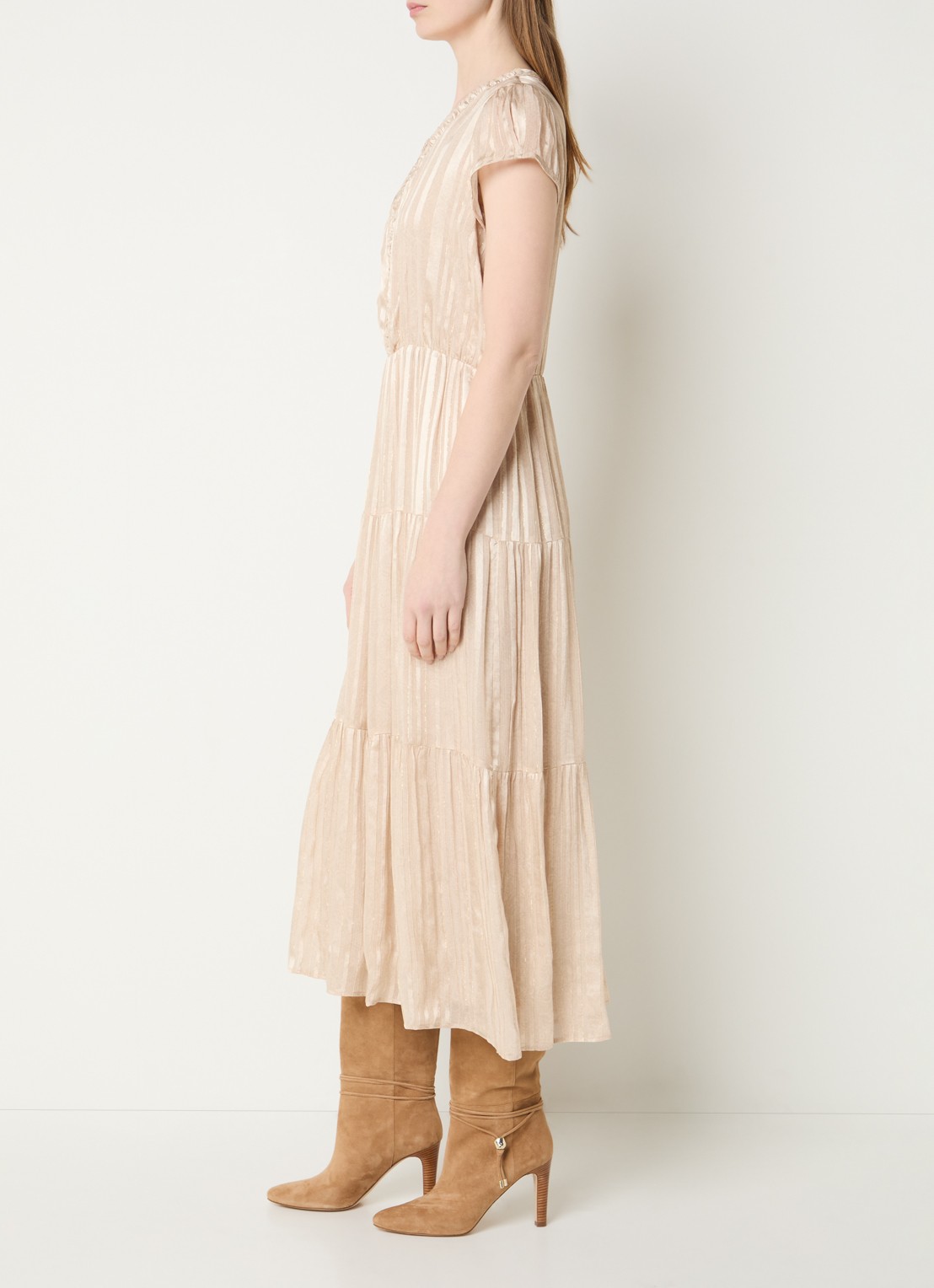 Gerard Darel Rionna midi A-lijn tuniekjurk met streepprint en lurex - voorkant 2 beige