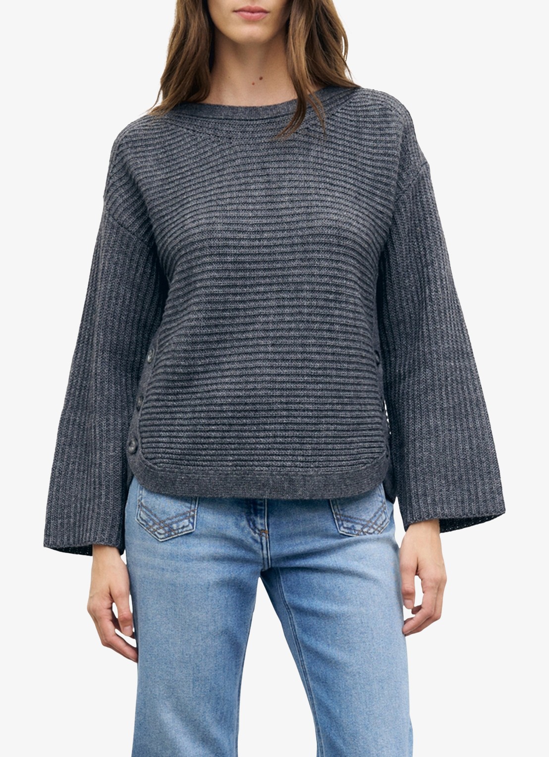 Gerard Darel Riva grofgebreide trui in wolblend met boothals - detail 2 blauwgrijs