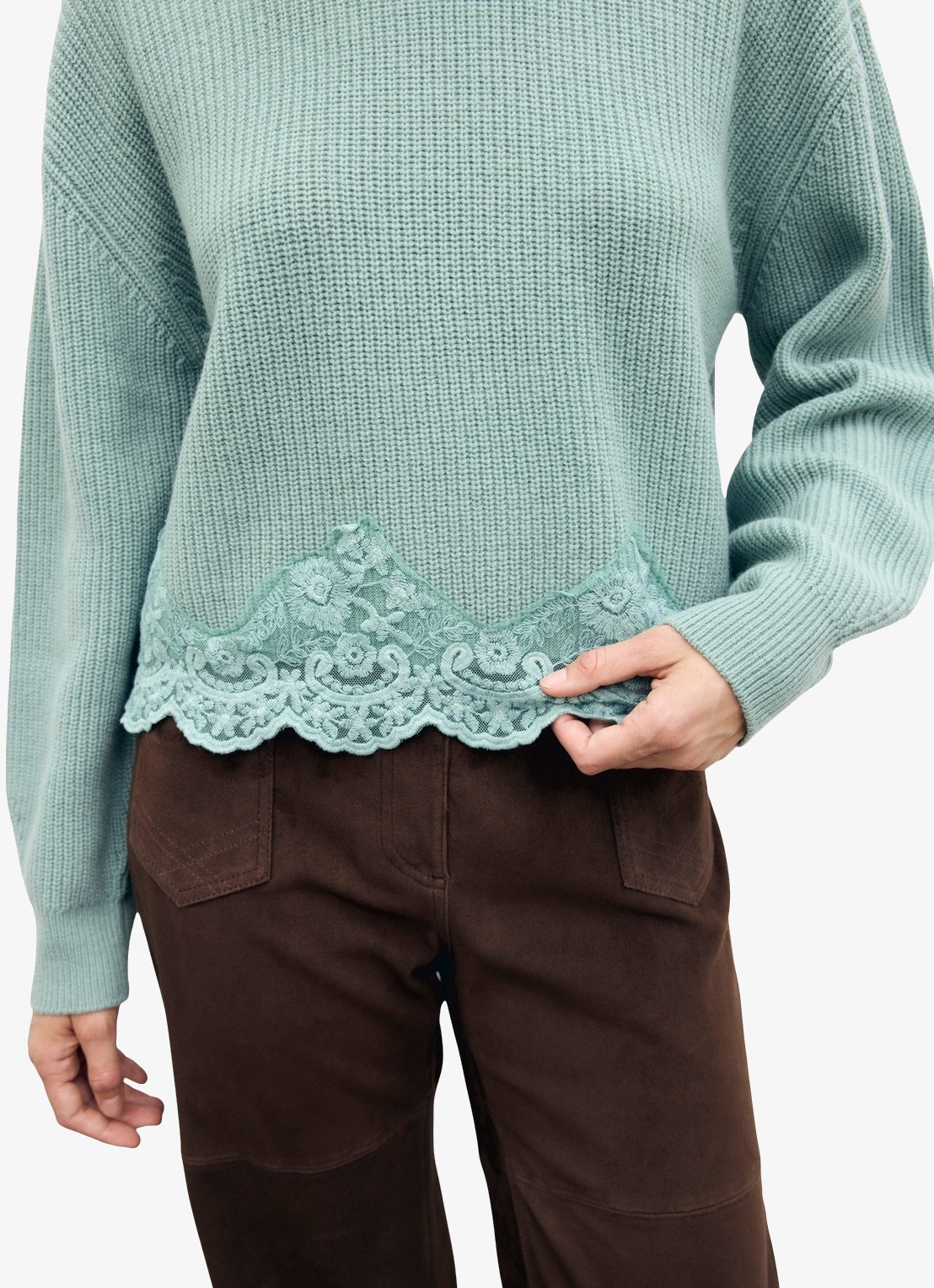 Gerard Darel Riviera ribgebreide trui van wol met kant  - detail zeegroen