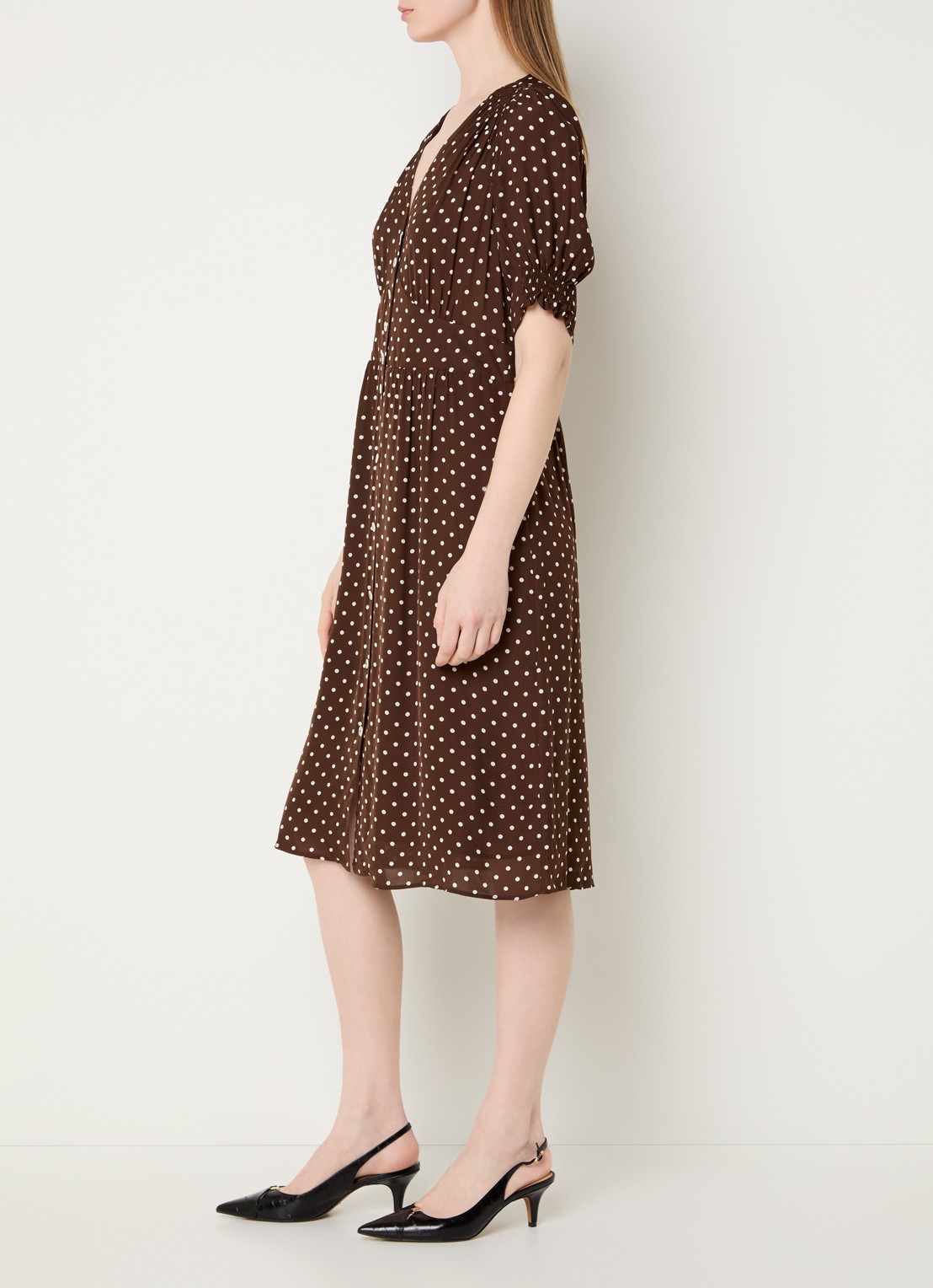 Gerard Darel Rohya midi blousejurk met stippenprint - voorkant 4 bruin