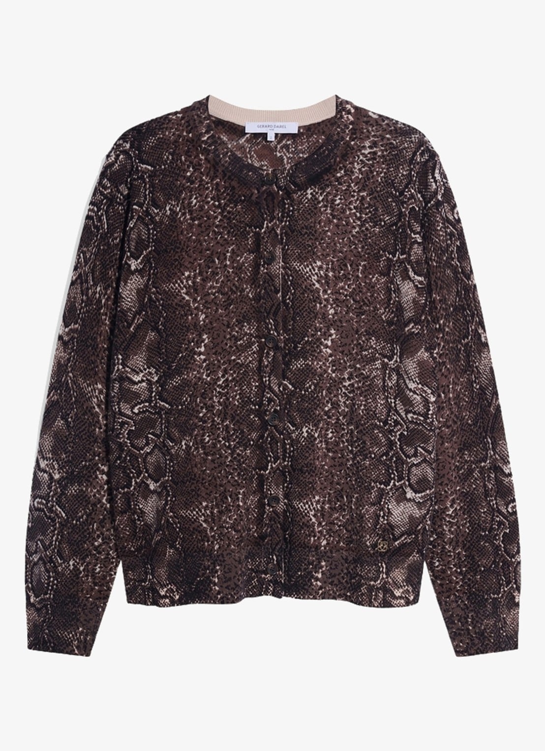 Gerard Darel Rosa fijngebreid vest van merino wol met slangenprint - voorkant bruin
