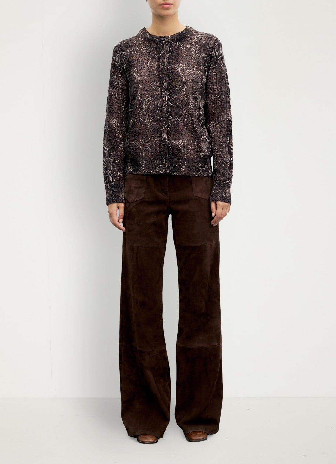Gerard Darel Rosa fijngebreid vest van merino wol met slangenprint - voorkant 2 bruin