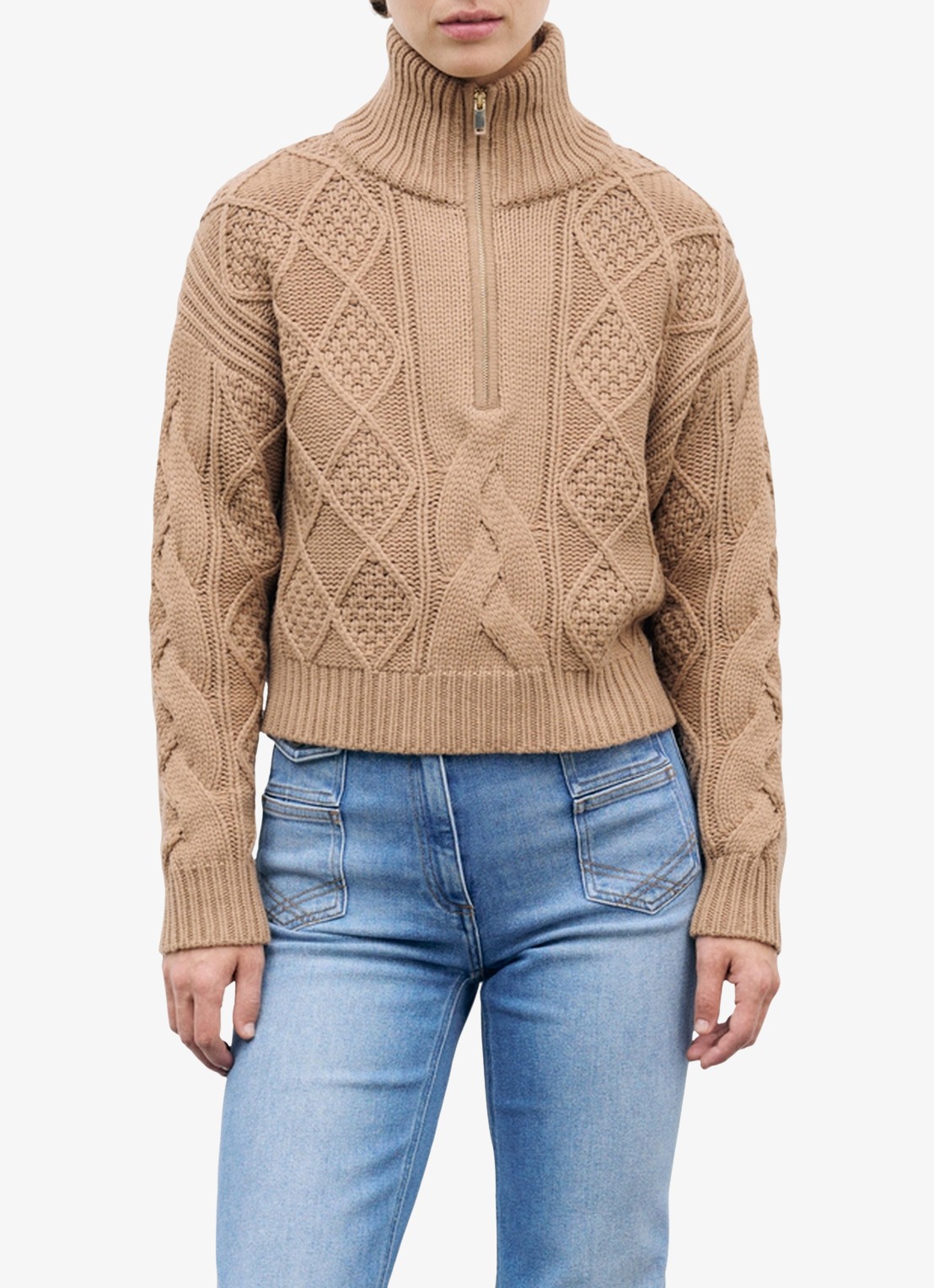 Gerard Darel Roxy kabelgebreide trui van wol met col - detail 4 camel