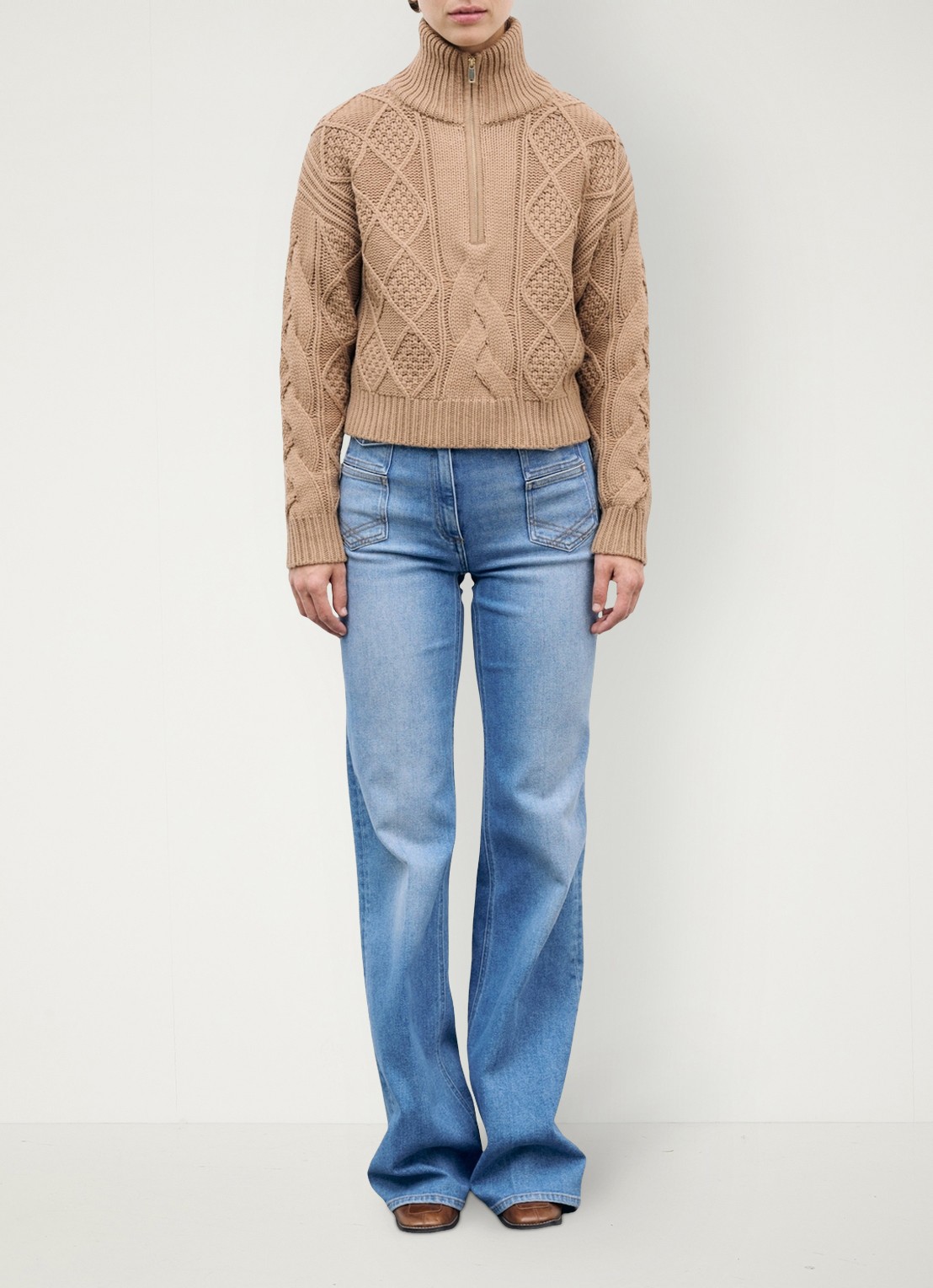 Gerard Darel Roxy kabelgebreide trui van wol met col - voorkant 3 camel