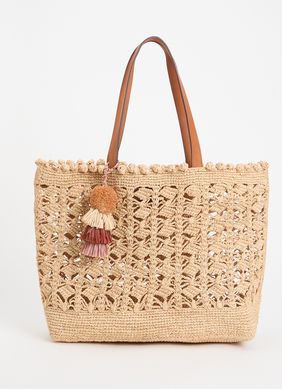 Gerard Darel Sandra Raffia schoudertas van stro met leren details - voorkant beige