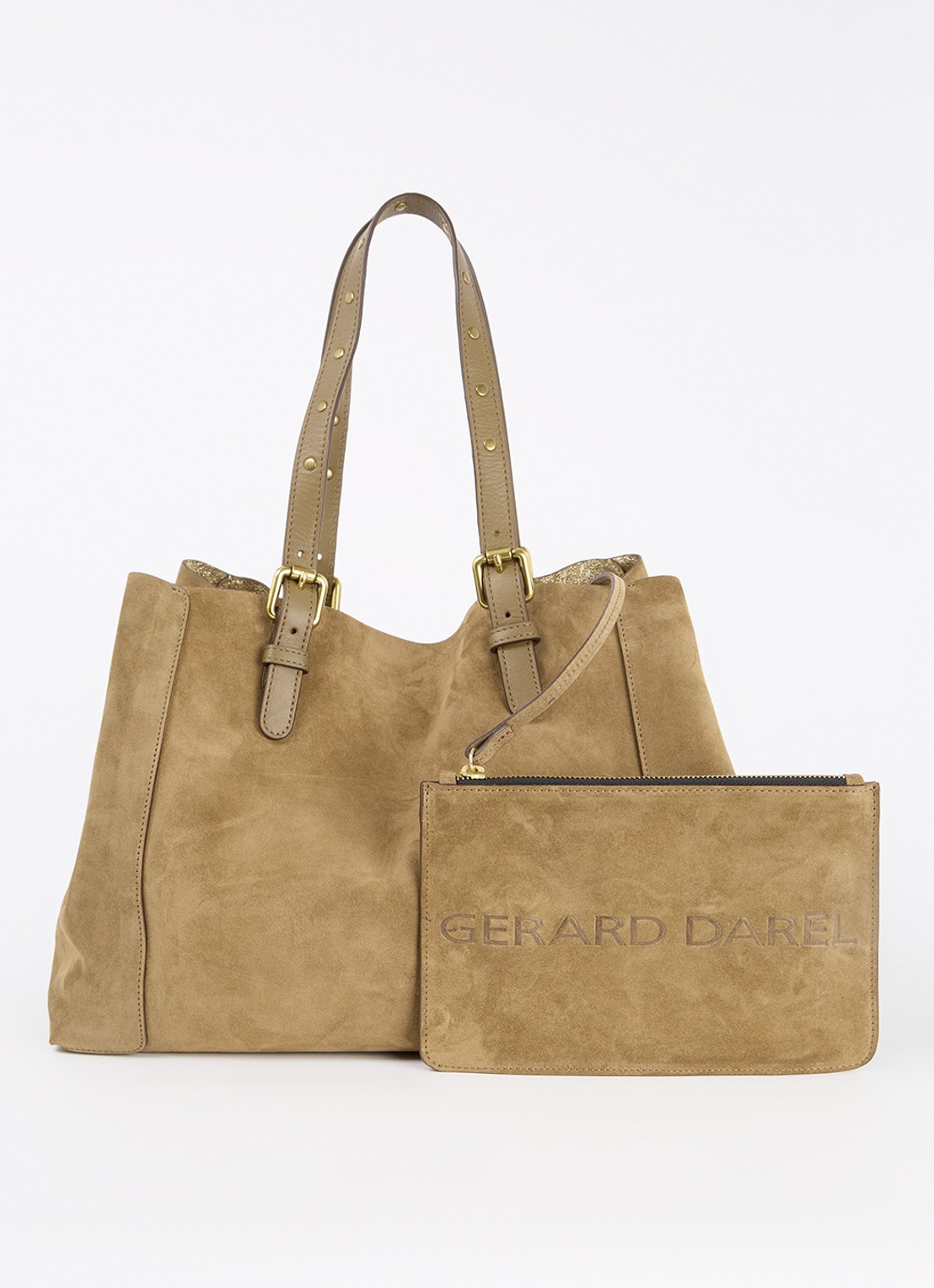Gerard Darel Simple Bag shopper van suède met uitneembaar etui - voorkant camel