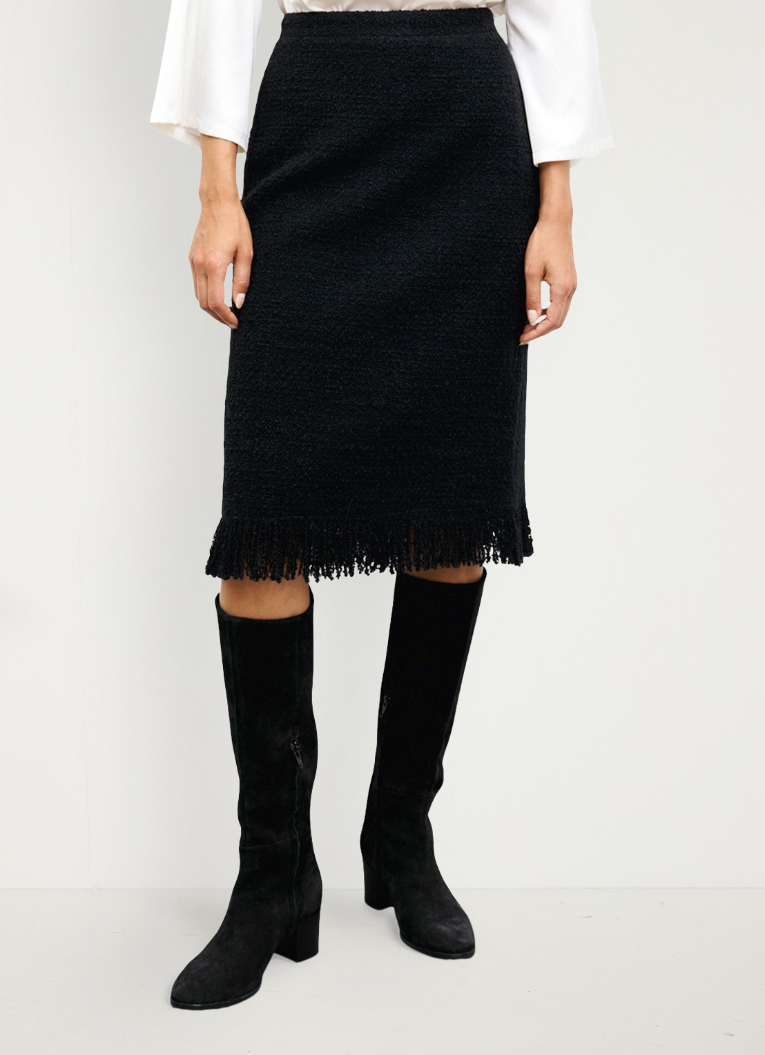 Gerard Darel Tess midi rok in wolblend met tweed-look en franjes - detail zwart