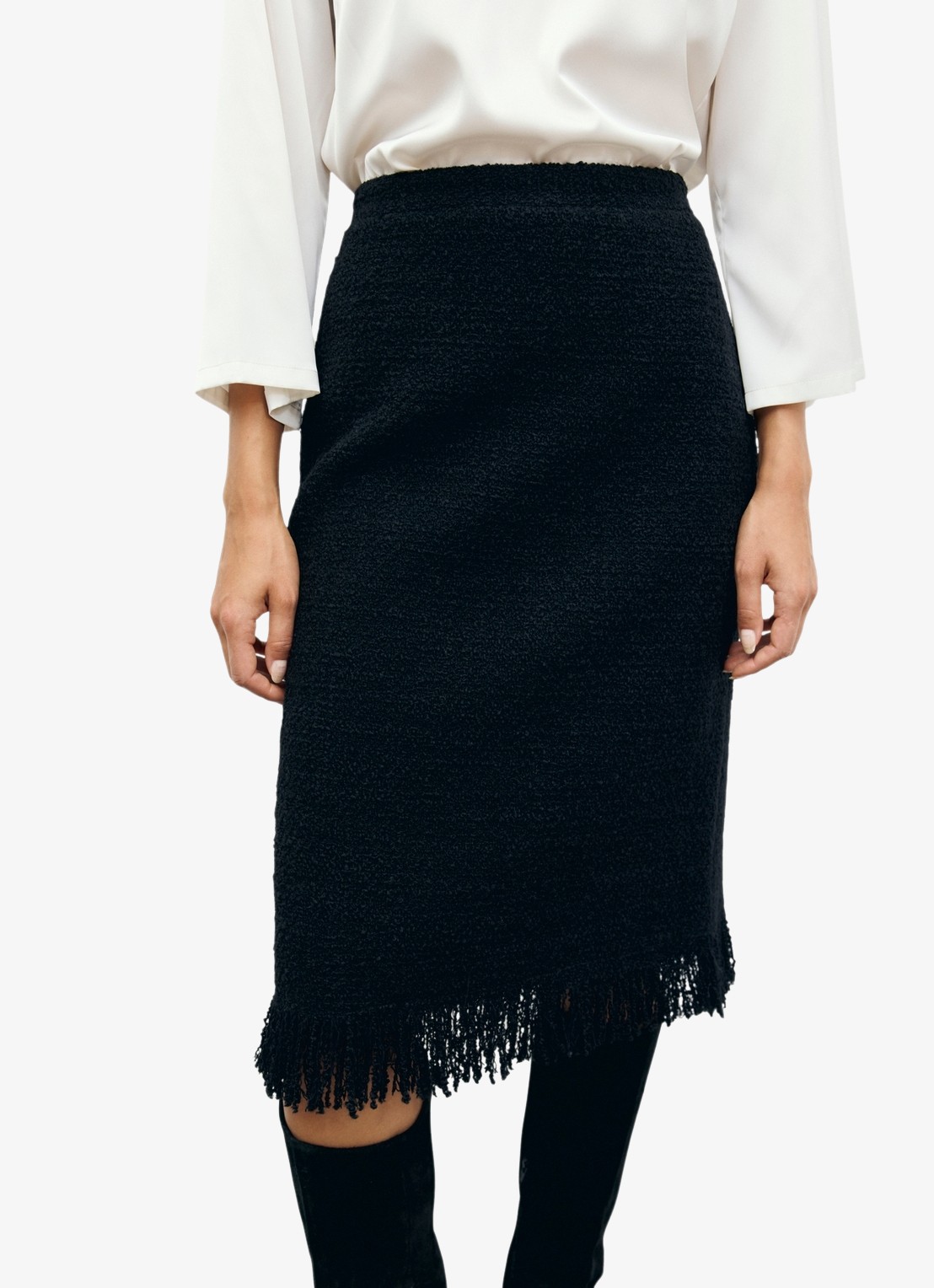 Gerard Darel Tess midi rok in wolblend met tweed-look en franjes - detail 2 zwart