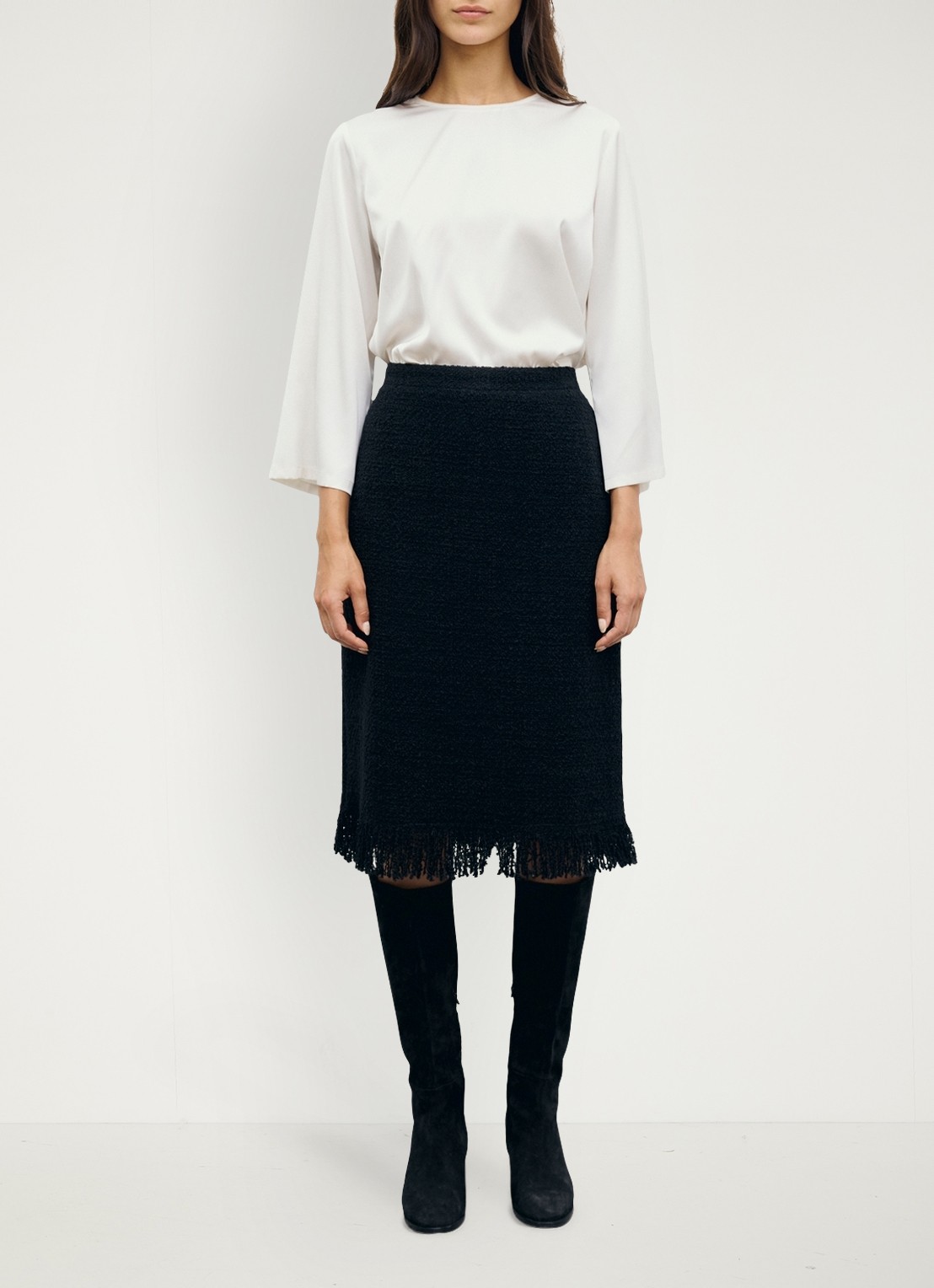 Gerard Darel Tess midi rok in wolblend met tweed-look en franjes - voorkant 4 zwart