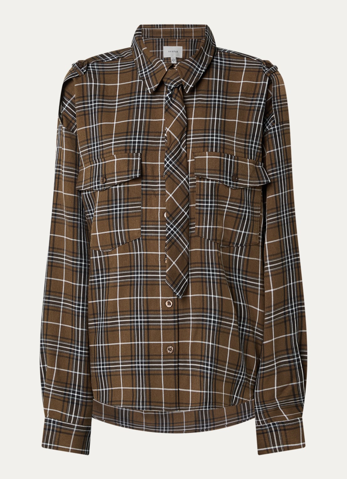 Gestuz Aleya blouse met borstzakken en ruitdessin - voorkant 2 mosgroen